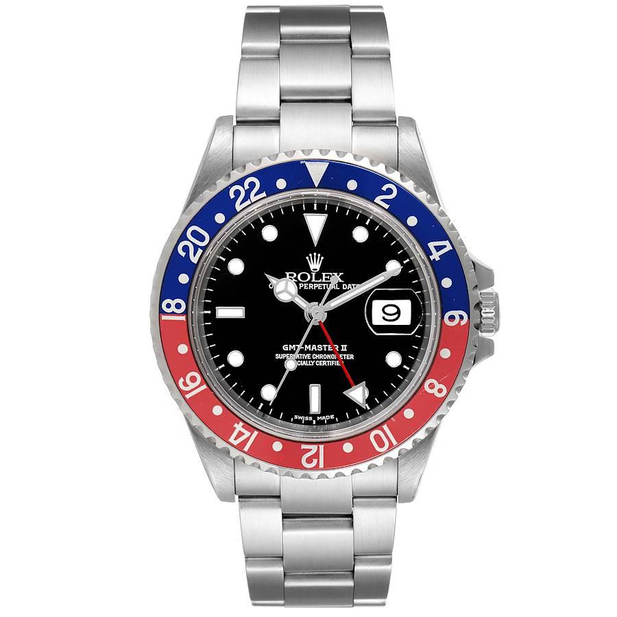 Rolex GMT Master II Pepsi Red and Blue Bezel Steel Mens Watch 16710. Officially certified chronometer self-winding movement. Stainless steel case 40 mm in diameter. Rolex logo on a crown. Bidirectional rotating bezel with a special 24-hour blue and