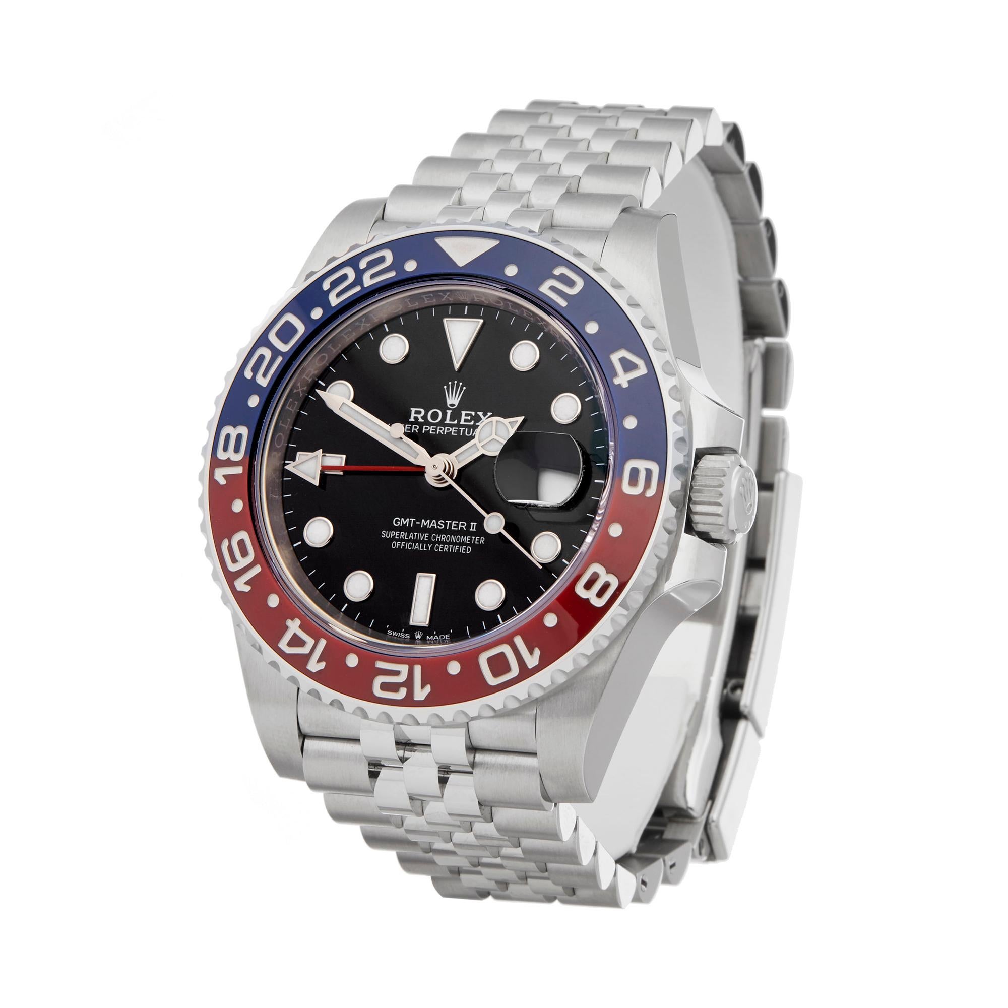 Ref: W6350
Manufacturer: Rolex
Model: GMT-Master II
Model Ref: 126710BLRO
Age: 9th May 2019
Gender: Mens
Complete With: Box, Manuals, Booklet, Tag & Bezel Guard
Dial: Black Other
Glass: Sapphire Crystal
Movement: Automatic
Water Resistance: To