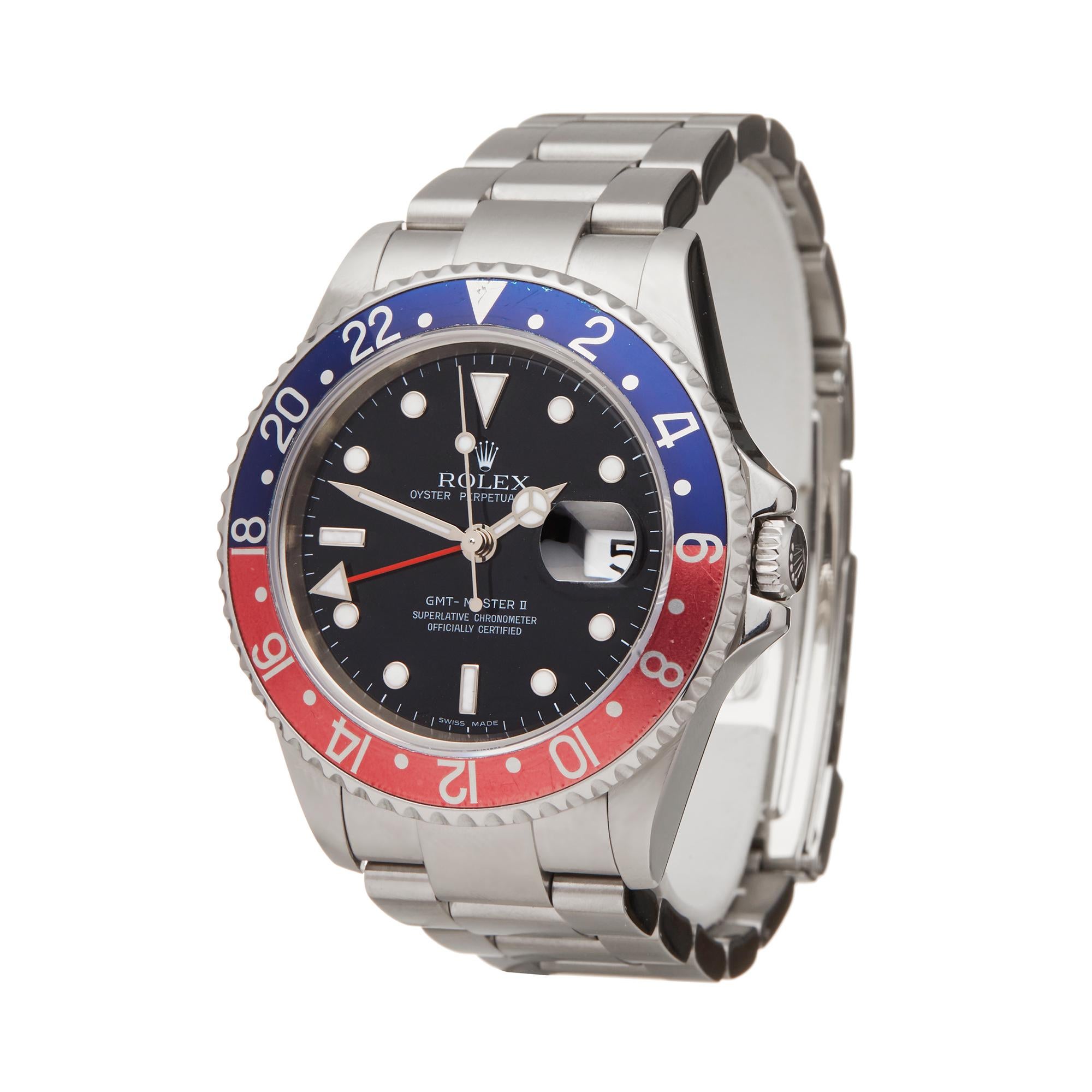 Reference :W5941
Manufacturer: Rolex
Model: GMT-Master II
Model Reference: 16710
Date: 17th September 2006
Gender: Men's
Box and Papers: Box and Guarantee Only
Dial: Black
Glass: Sapphire Crystal
Movement: Automatic
Water Resistance: To