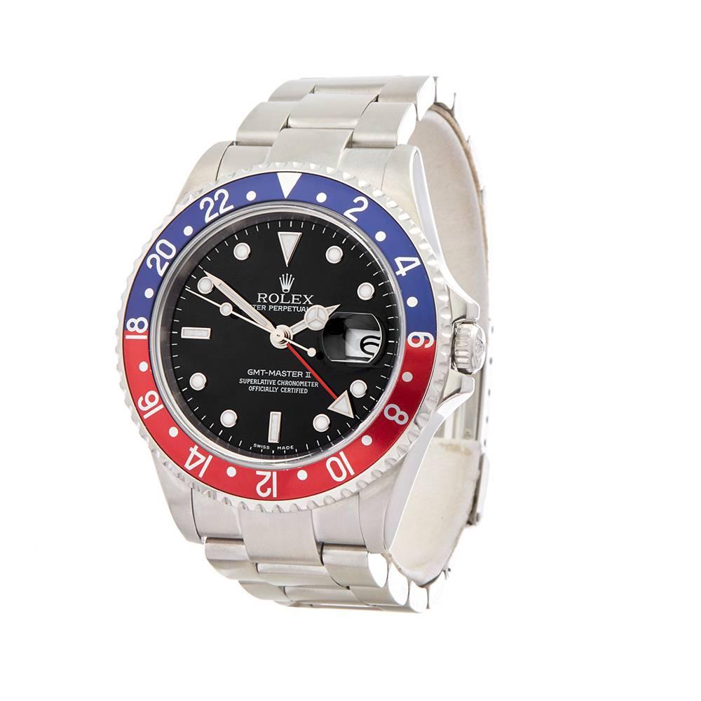 This is a pre-owned Rolex GMT-Master II pepsi gents 16710 watch. 40mm case size in stainless steel, black dial on a stainless steel oyster bracelet, powered by an automatic movement. This Rolex is in excellent condition complete with box, manuals &