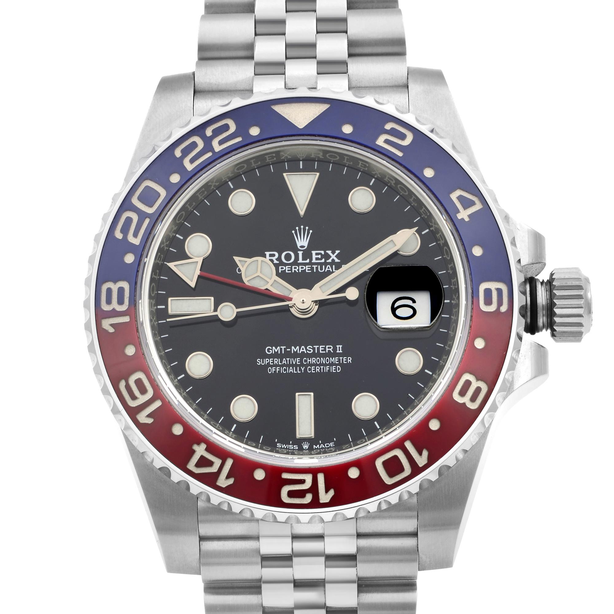 This New Without Tags Rolex GMT-Master II 126710BLRO is a beautiful men's timepiece that is powered by mechanical (automatic) movement which is cased in a stainless steel case. It has a round shape face, gmt, date indicator dial and has hand sticks