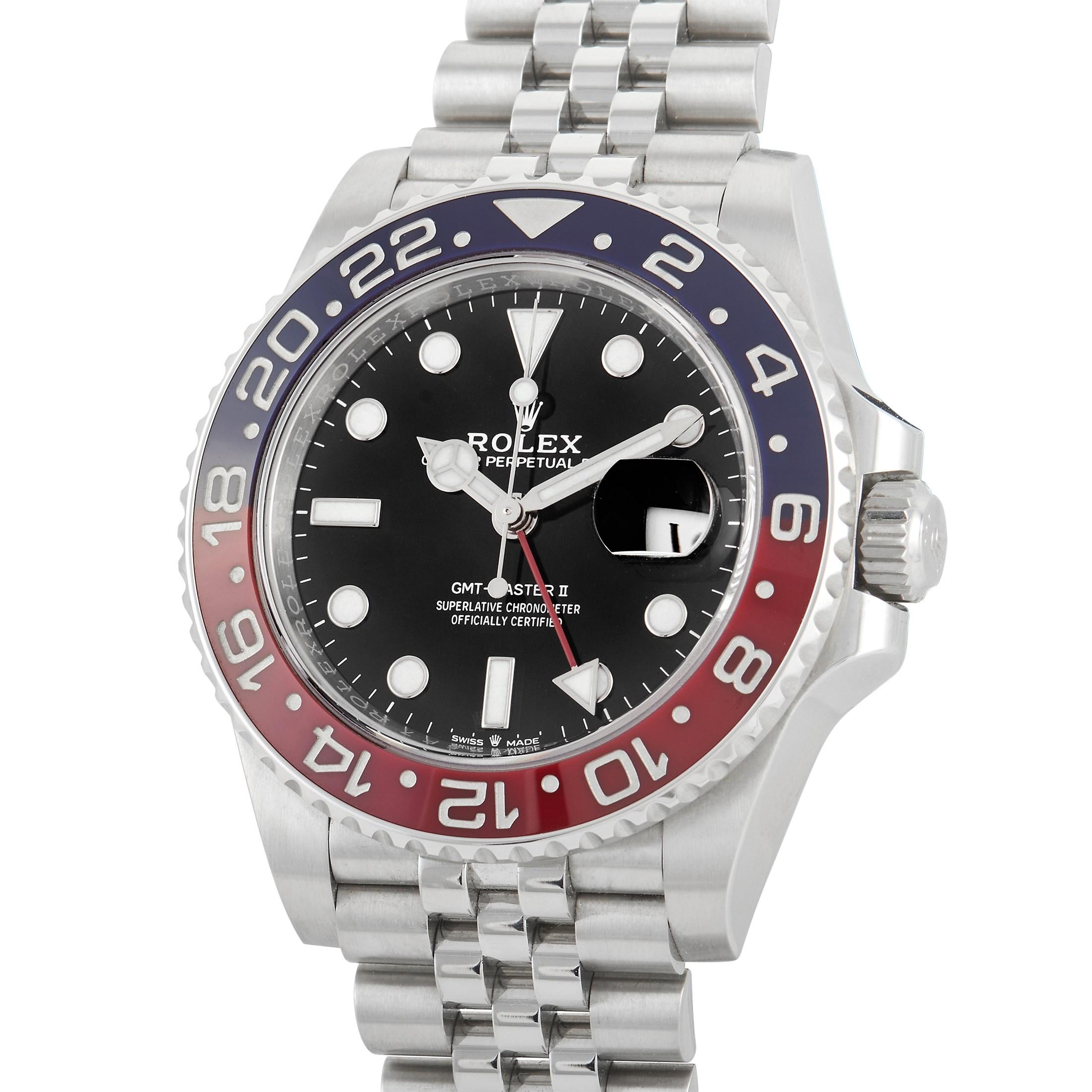 The Rolex GMT-Master II Watch, reference number 126710BLRO-0001, is luxurious enough to make a statement yet casual enough for everyday wear.

Crafted from stainless steel, this sleek style boasts a 40mm case and a sleek steel jubilee bracelet.
