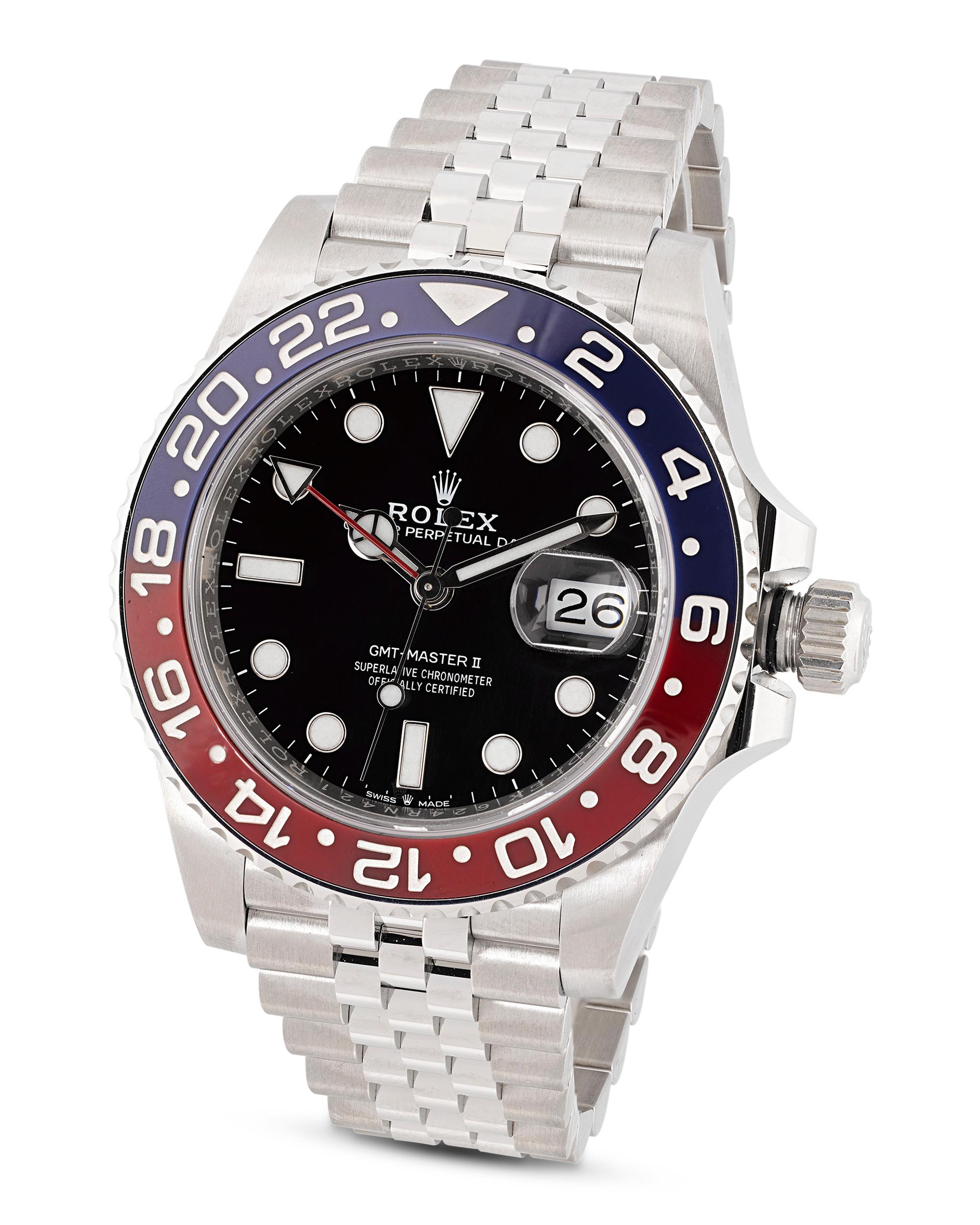 This Rolex GMT-Master II reference 126710BLRO wristwatch is an iconic design from the distinguished watchmakers. Debuted in 1953 and originally made for Pan Am pilots to keep track of time zones during transatlantic flights, the watch features a