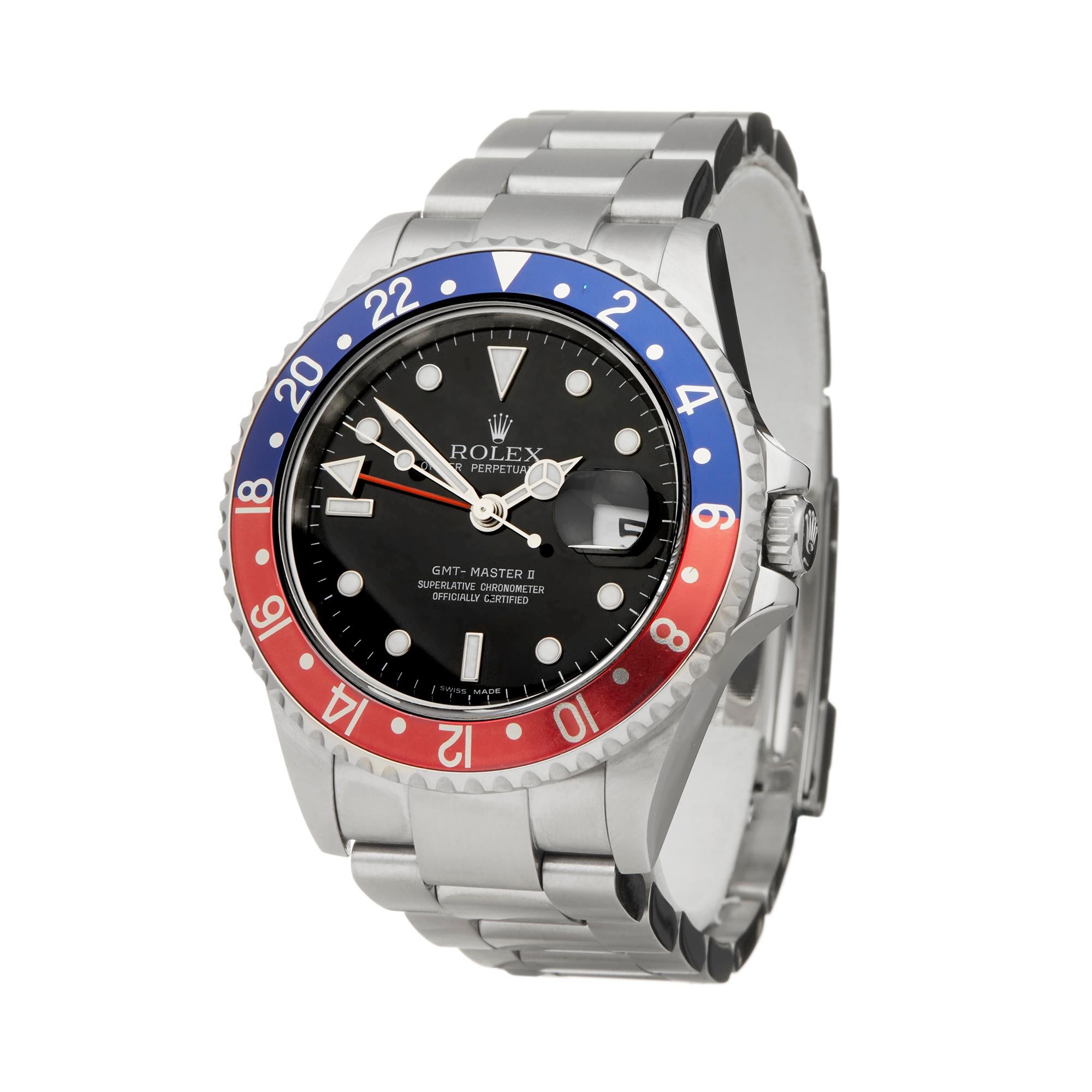 Ref: W6017
Manufacturer: Rolex
Model: GMT-Master II
Model Ref: 16710
Age: 20th June 2007
Gender: Mens
Complete With: Box, Manuals, Guarantee & Card Holder
Dial: Black
Glass: Sapphire Crystal
Movement: Automatic
Water Resistance: To Manufacturers