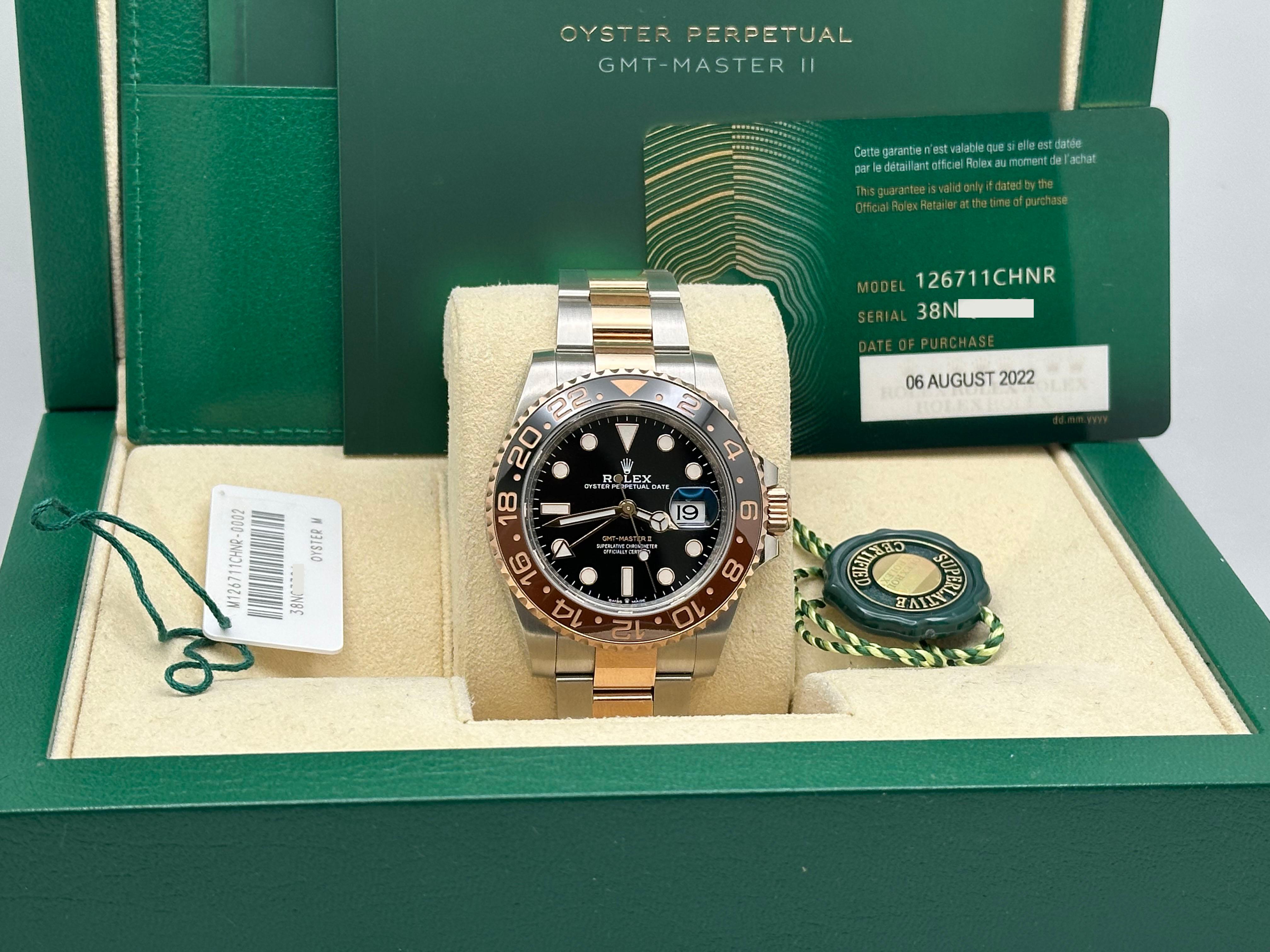 Rolex GMT Master II Root Beer 126711CHNR 18K Rose Gold Steel Box Paper 40mm In Excellent Condition In San Diego, CA