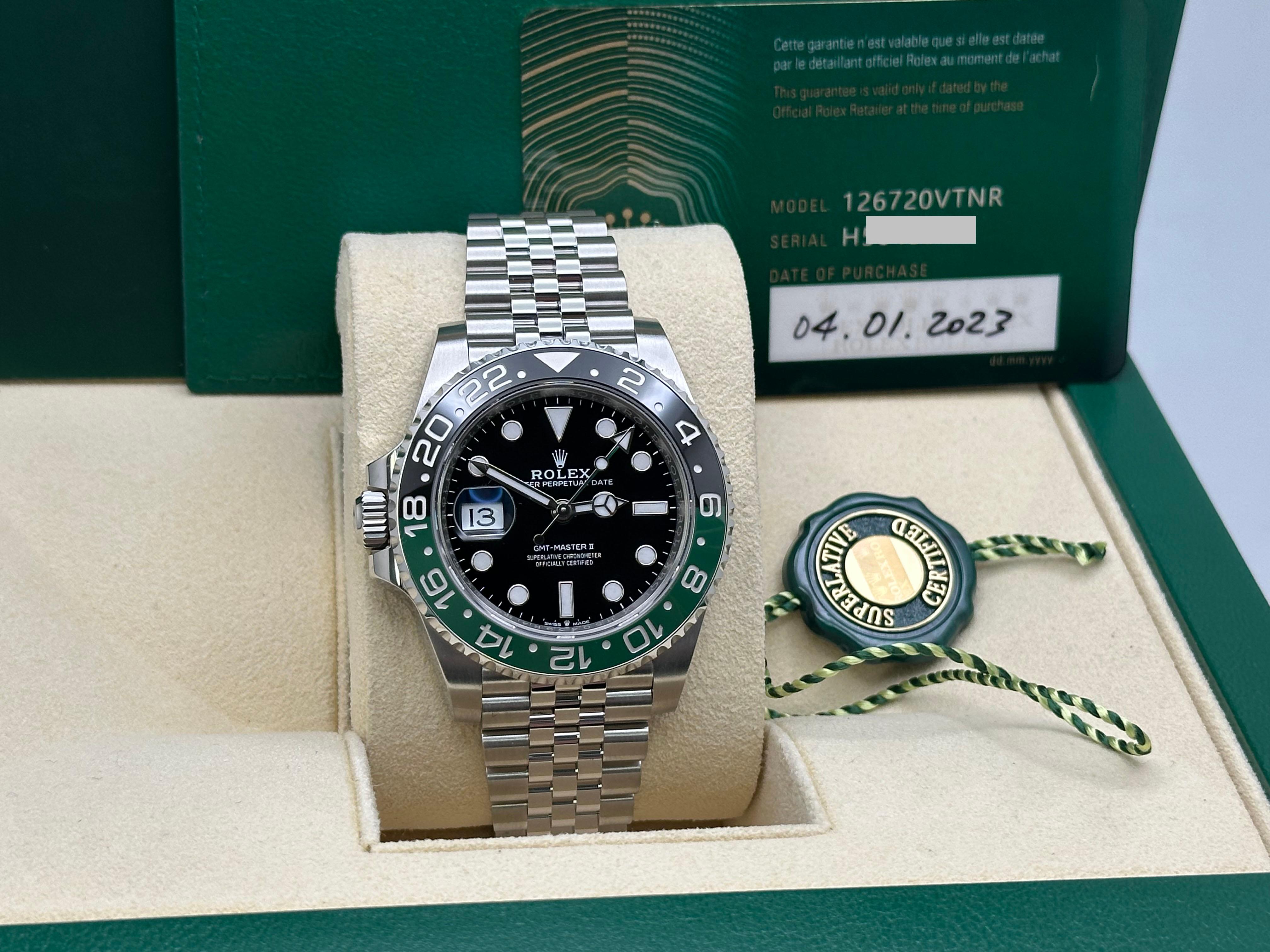 Rolex GMT Master II Sprite 126720VTNR Green Black Jubilee Stainless Box Paper en Excelente estado para la venta en San Diego, CA