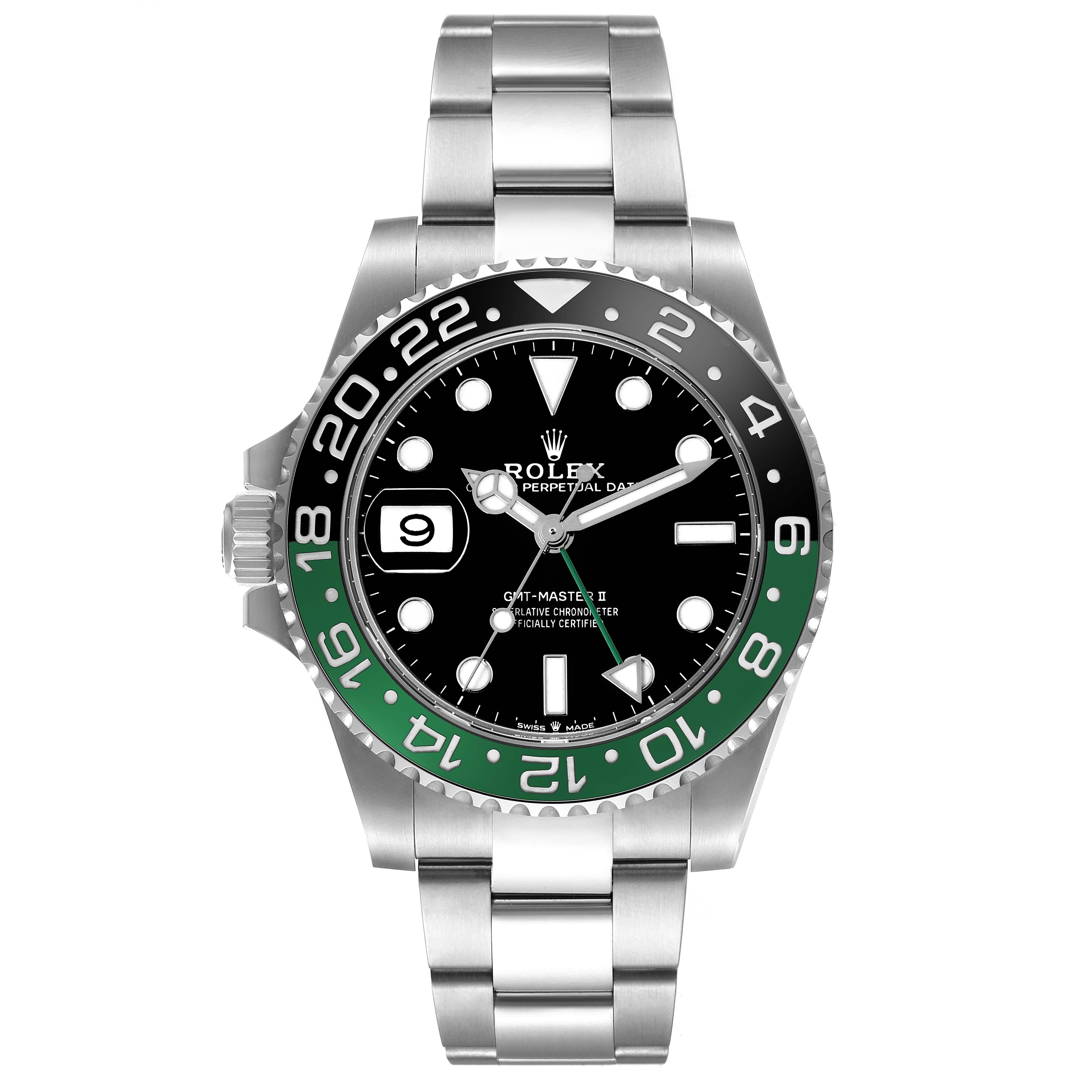 Rolex GMT Master II Sprite Bezel Oyster Steel Mens Watch 126720 Unworn. Officially certified chronometer self-winding movement. Stainless steel case 40 mm in diameter. Rolex logo on a crown. Stainless steel bidirectional rotating 24-hour graduated