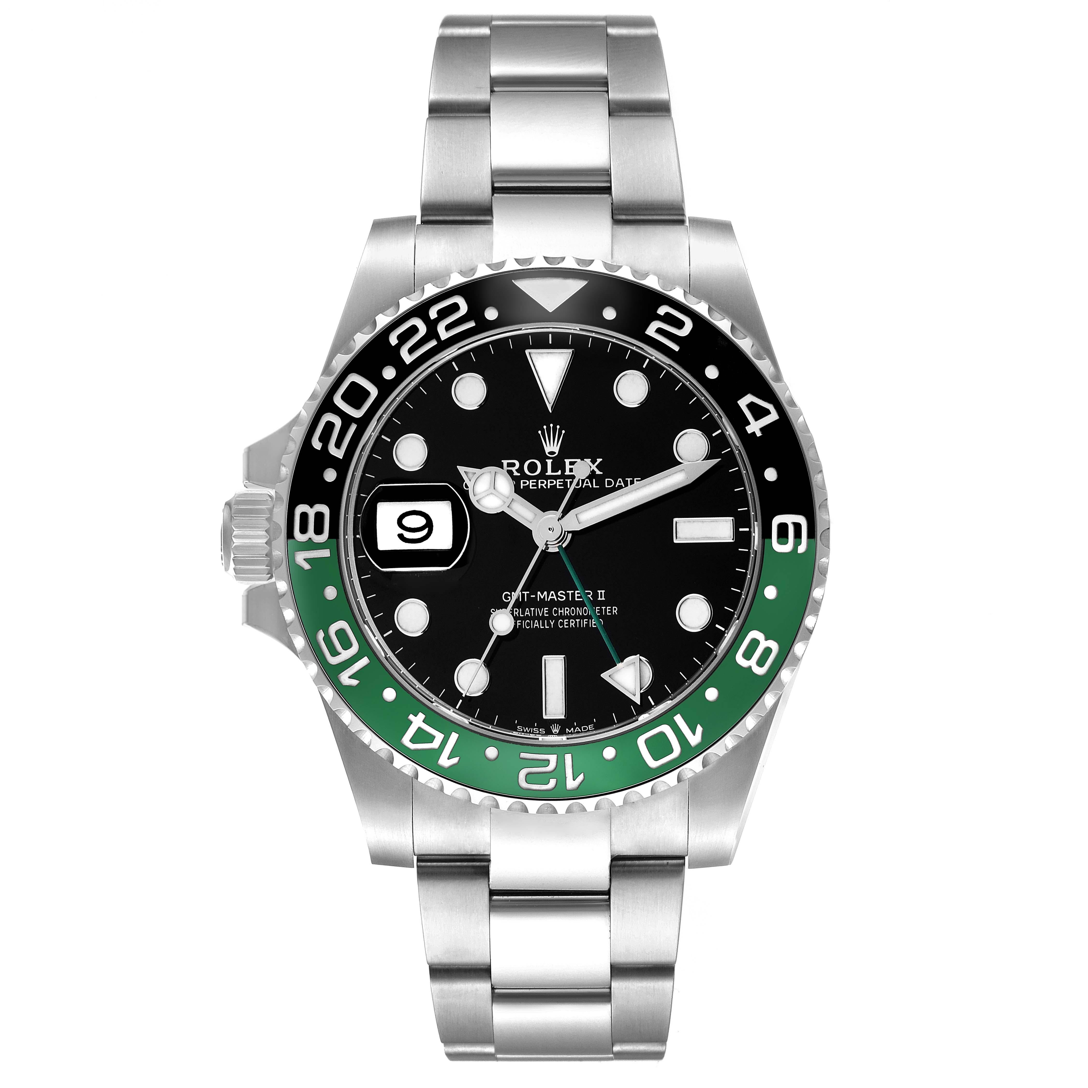 Rolex GMT Master II Sprite Bezel Oyster Steel Mens Watch 126720 Unworn. Officially certified chronometer automatic self-winding movement. Stainless steel case 40 mm in diameter. Rolex logo on a crown. Stainless steel bidirectional rotating 24-hour