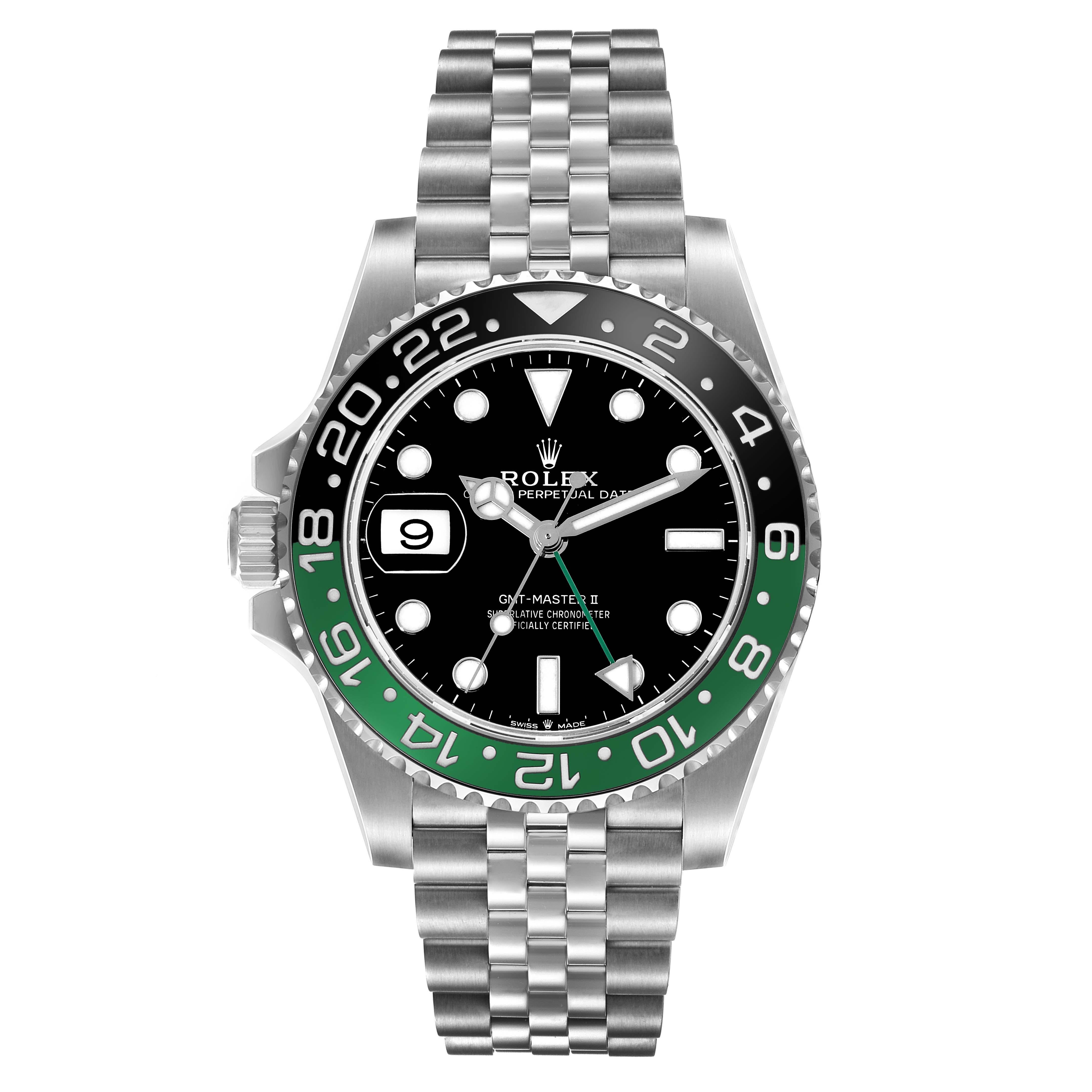 Rolex GMT Master II Sprite Bezel Steel Mens Watch 126720 Box Card. Officially certified chronometer automatic self-winding movement. Stainless steel case 40 mm in diameter. Rolex logo on a crown. Stainless steel bidirectional rotating 24-hour