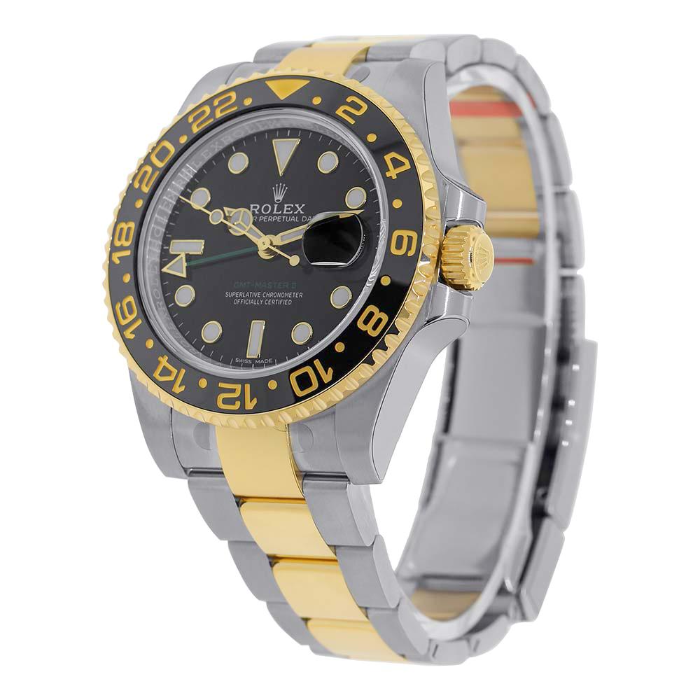This is the watch of the world traveler, the Rolex Oyster Perpetual GMT-Master II in Stainless Steel and 18 kt. Yellow Gold is both rugged and sophisticated. The case of this watch is stainless steel measuring 40 mm and encloses the Rolex Calibre
