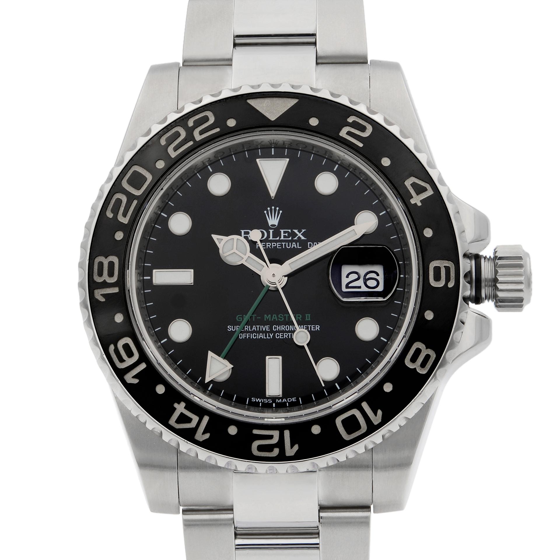 This pre-owned Rolex GMT-Master II 116710N is a beautiful men's timepiece that is powered by a mechanical (automatic) movement which is cased in a stainless steel case. It has a round shape face, GMT, date indicator dial, and has hand sticks & dots