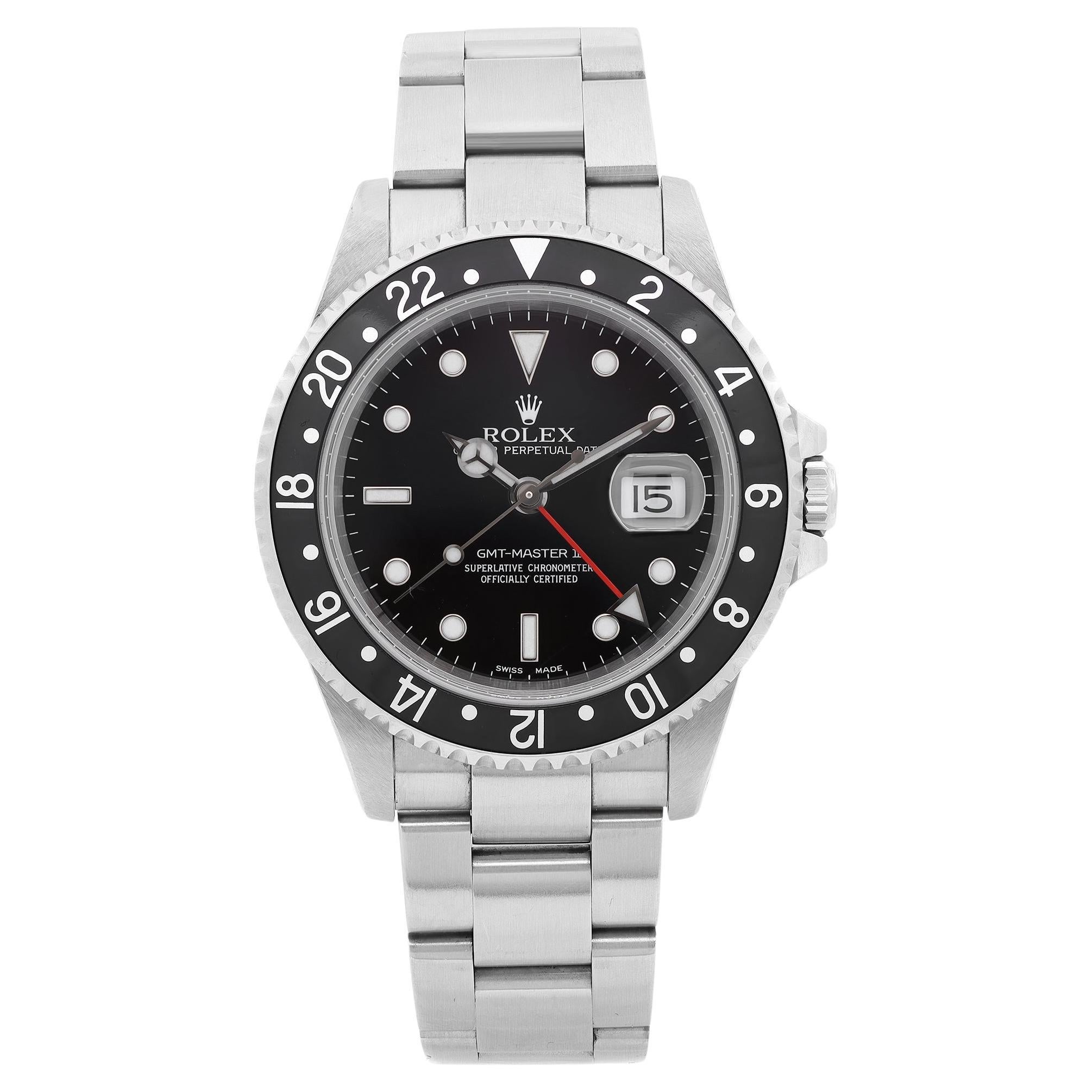 Rolex GMT-Master II Edelstahl Schwarzes Zifferblatt Automatik-Herrenuhr 16710 im Angebot