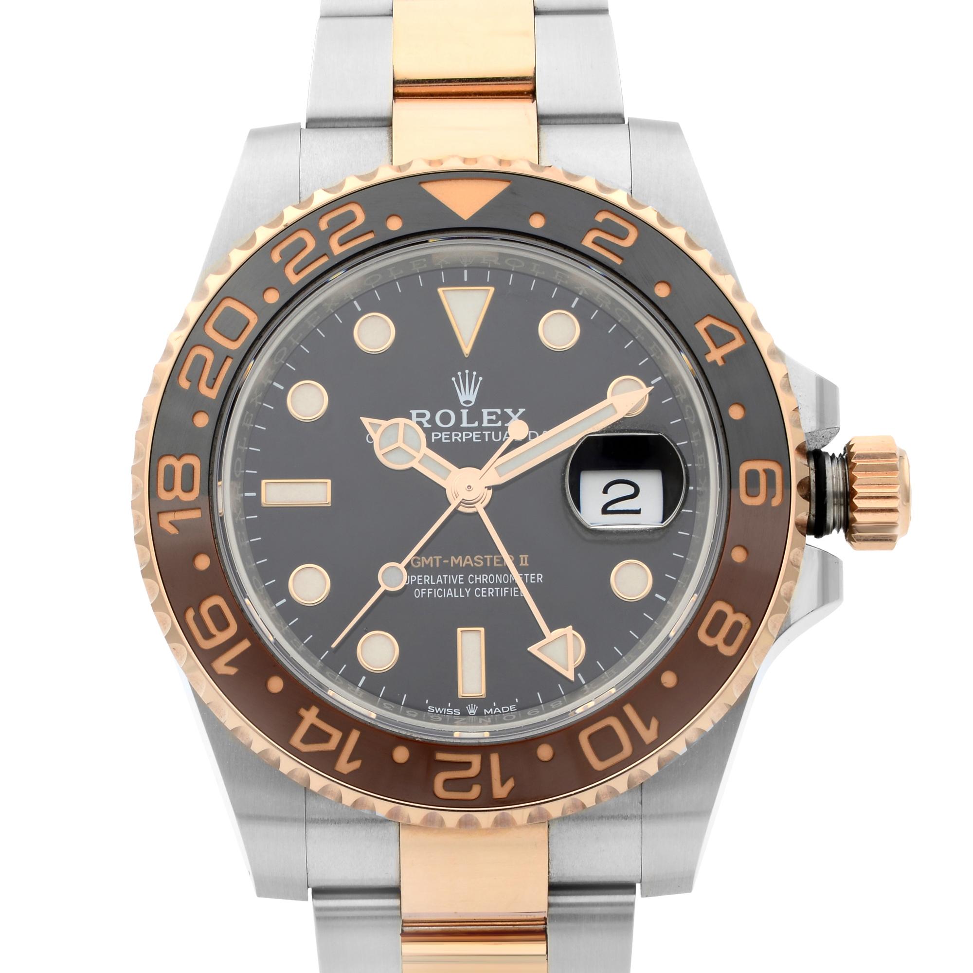 New February 2021 Rolex GMT-Master II Steel and 18k Everose Gold Root Beer Men's Watch. This Beautiful Timepiece Features: Everose Rolesor - Combination of Oystersteel and 18k Everose Gold, Centre Hour, Minute and Seconds Hands, 24-hour Display,