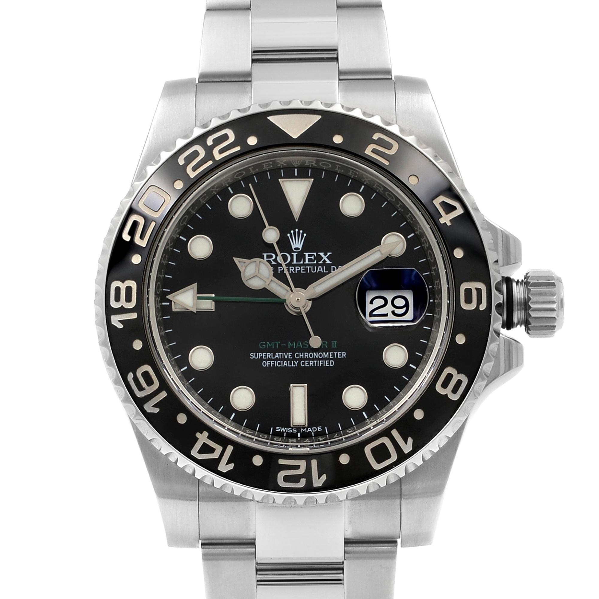 This pre-owned Rolex GMT-Master II 116710 is a beautiful men's timepiece that is powered by mechanical (automatic) movement which is cased in a stainless steel case. It has a round shape face, gmt, date indicator dial and has hand sticks & dots