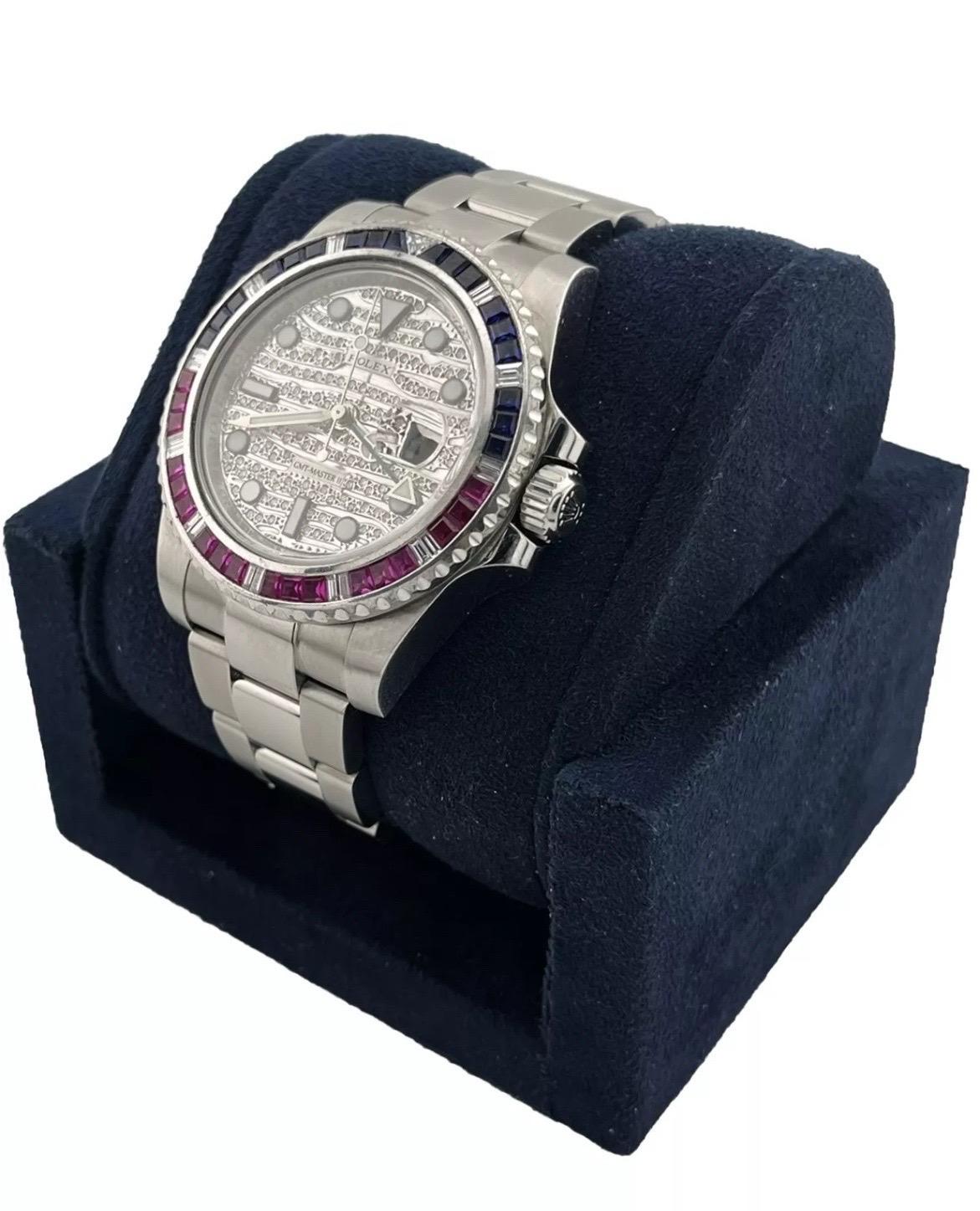 Rolex GMT-Master II Stahl-Master II Stahl-Diamant-Zifferblatt Rubin/Rosa-Lünette 40mm Uhr 116710 (Trapezschliff) im Angebot