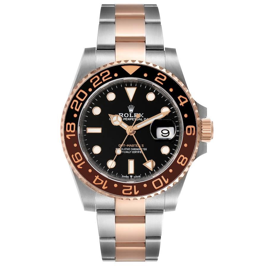 Rolex GMT Master II Steel Everose Gold Mens Watch 126711 Box Card. Officially certified chronometer self-winding movement. Stainless steel and 18K rose gold case 40.0 mm in diameter. Rolex logo on a crown. 18K everose gold bidirectional rotating