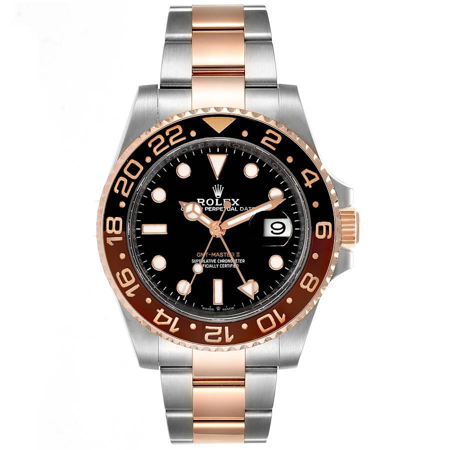 Rolex GMT Master II Steel Everose Gold Mens Watch 126711 Box Card. Officially certified chronometer self-winding movement. Stainless steel and 18K rose gold case 40.0 mm in diameter. Rolex logo on a crown. 18K everose gold bidirectional rotating