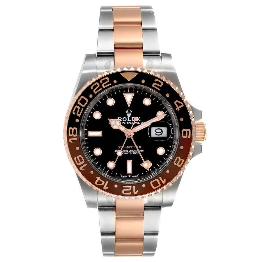 Rolex GMT Master II Steel Everose Gold Mens Watch 126711 Card. Officially certified chronometer self-winding movement. Stainless steel and 18K rose gold case 40.0 mm in diameter. Rolex logo on a crown. 18K everose gold bidirectional rotating brown