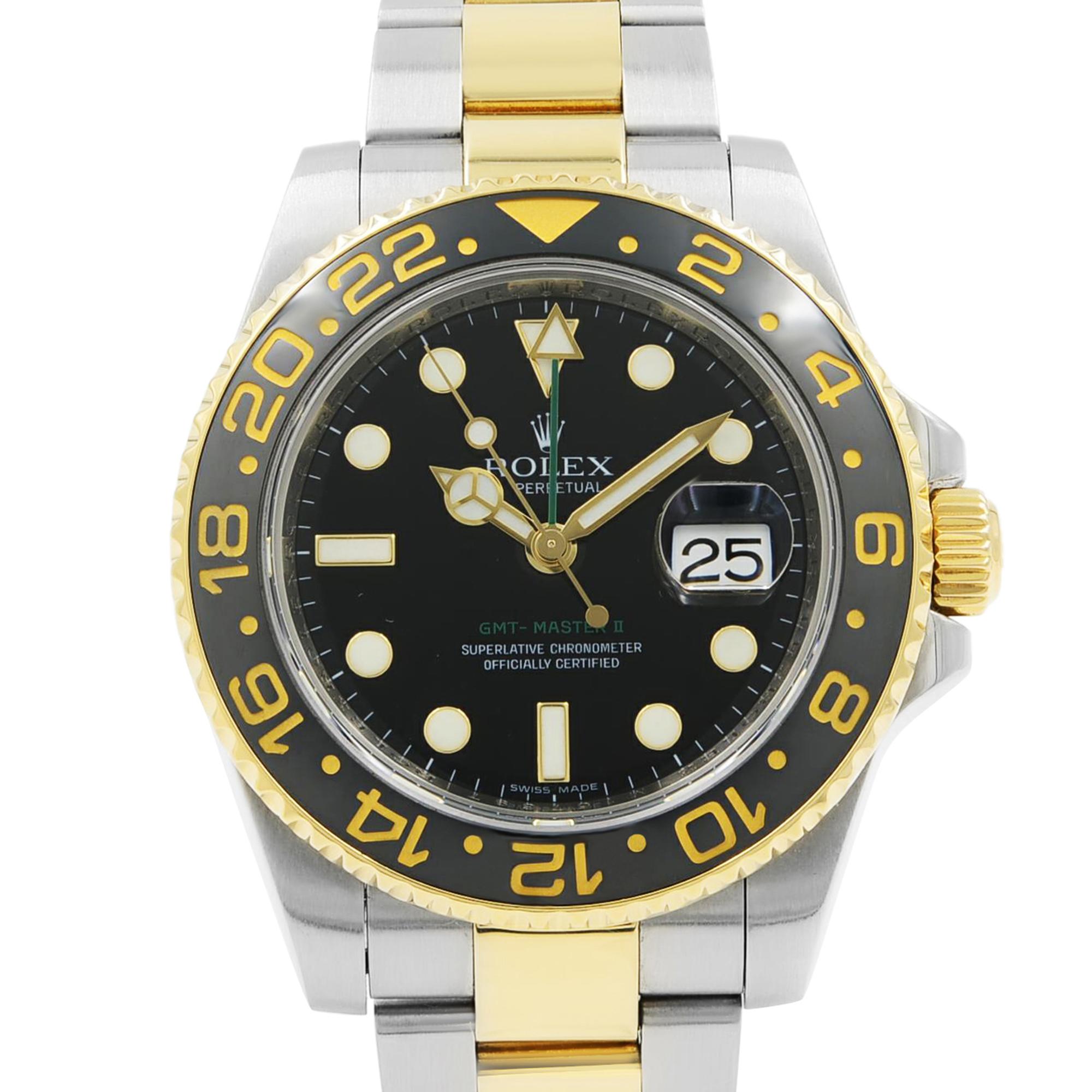 Pre-Owned Rolex GMT-Master II Steel Gold Black Dial Ceramic Bezel Men's Watch 116713LN. Fits only wrist size 7.25 Inch. Original Box and Papers are included Covered by a one-year Chronostore warranty.
Details:
Brand Rolex
Department Men
Model Number