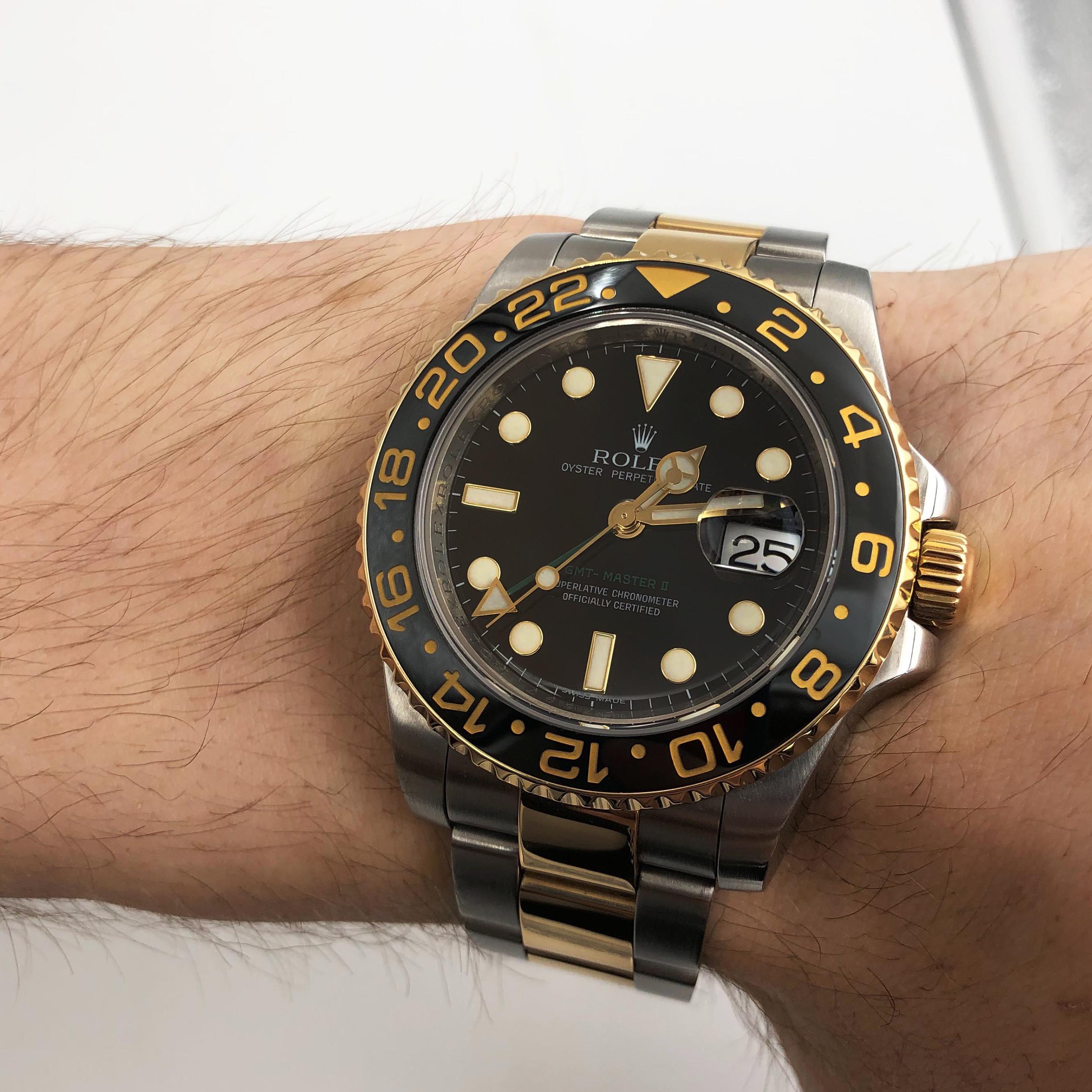 Men's Rolex GMT-Master II Steel Gold Black Dial Ceramic Bezel Mens Watch 116713LN For Sale