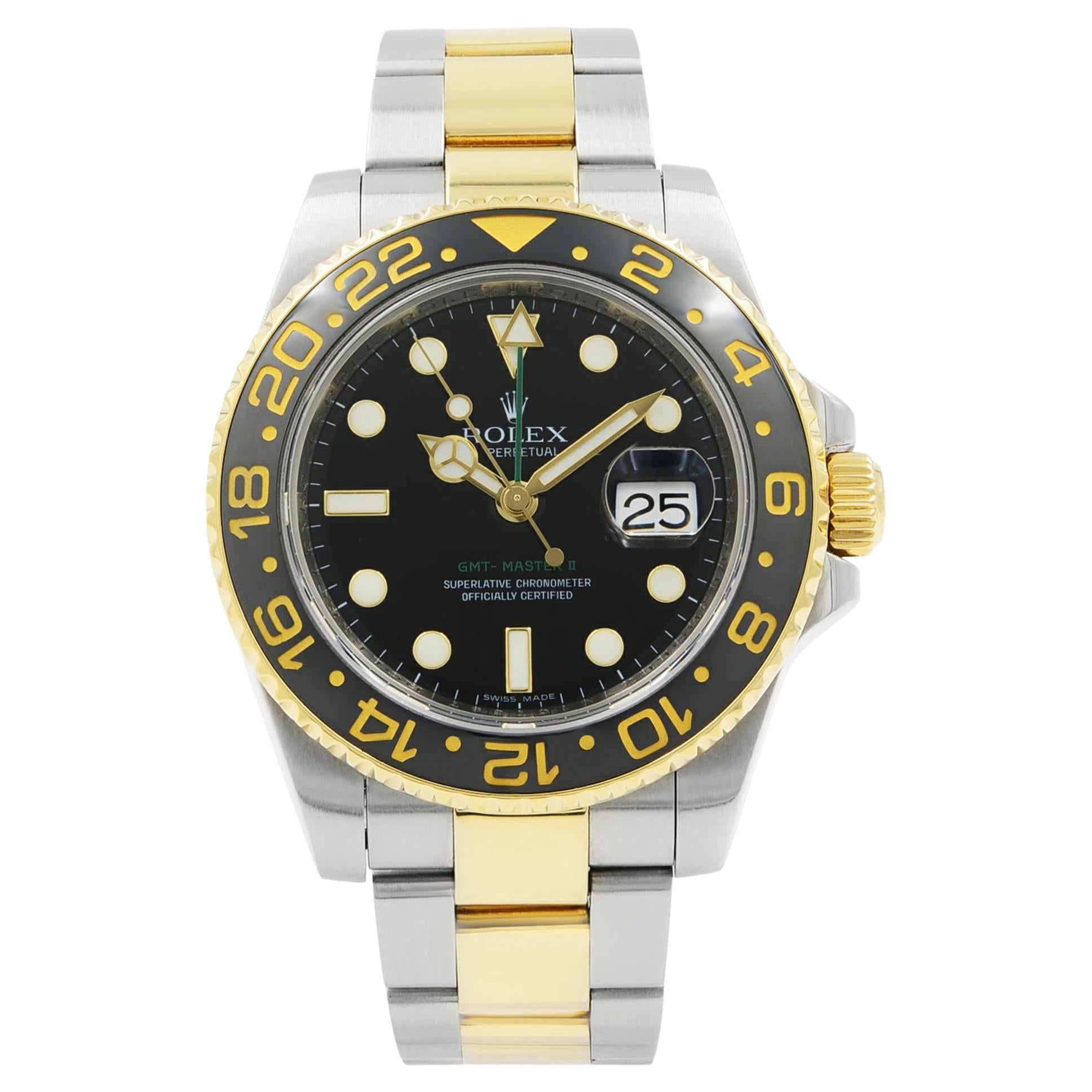 Rolex GMT-Master II Steel Gold Black Dial Ceramic Bezel Mens Watch 116713LN For Sale