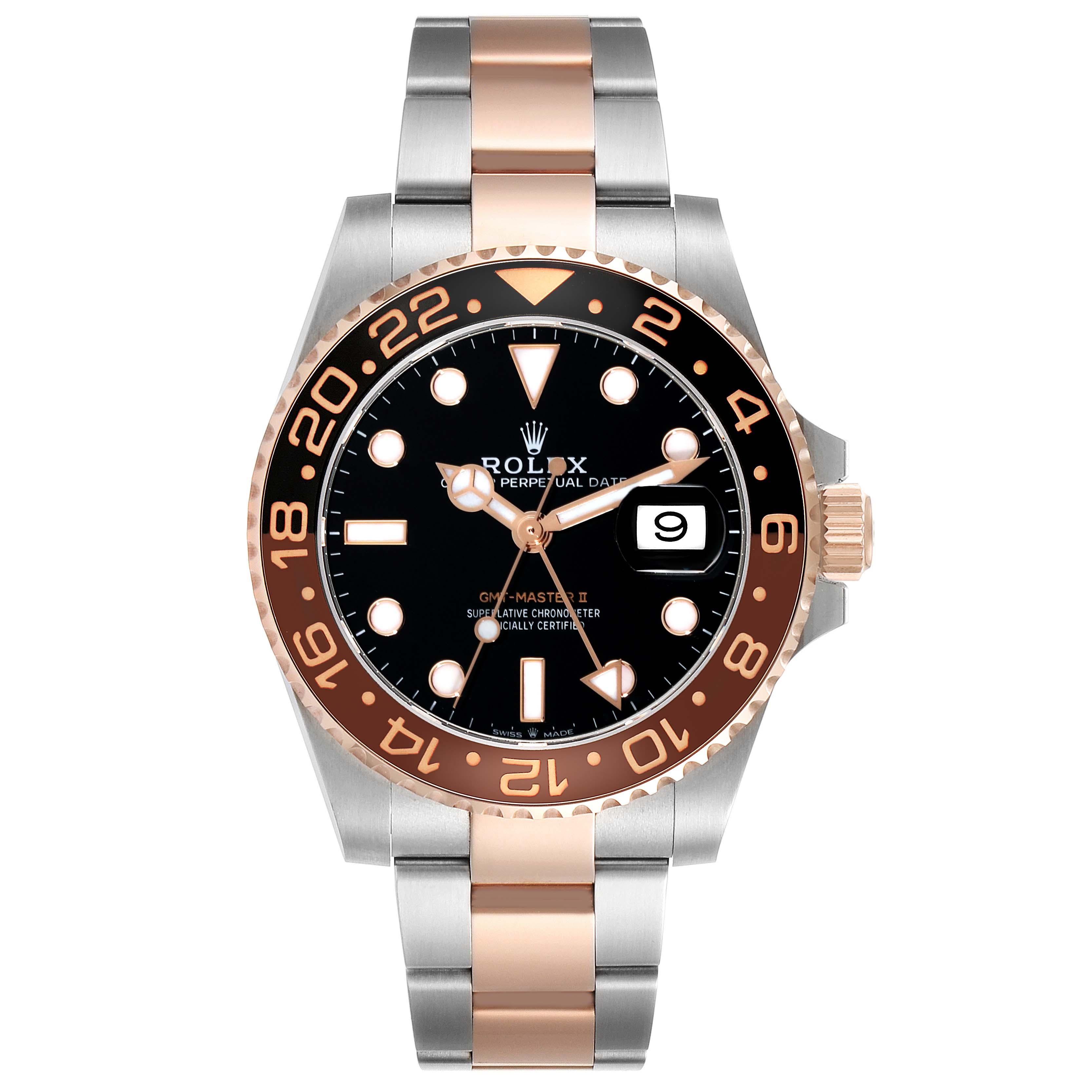Rolex GMT Master II Stahl Rose Gold Herrenuhr 126711 Box Karte. Offiziell zertifiziertes Chronometerwerk mit automatischem Aufzug. Gehäuse aus Edelstahl und 18 Karat Everosegold mit einem Durchmesser von 40,0 mm. Rolex Logo auf einer Krone.