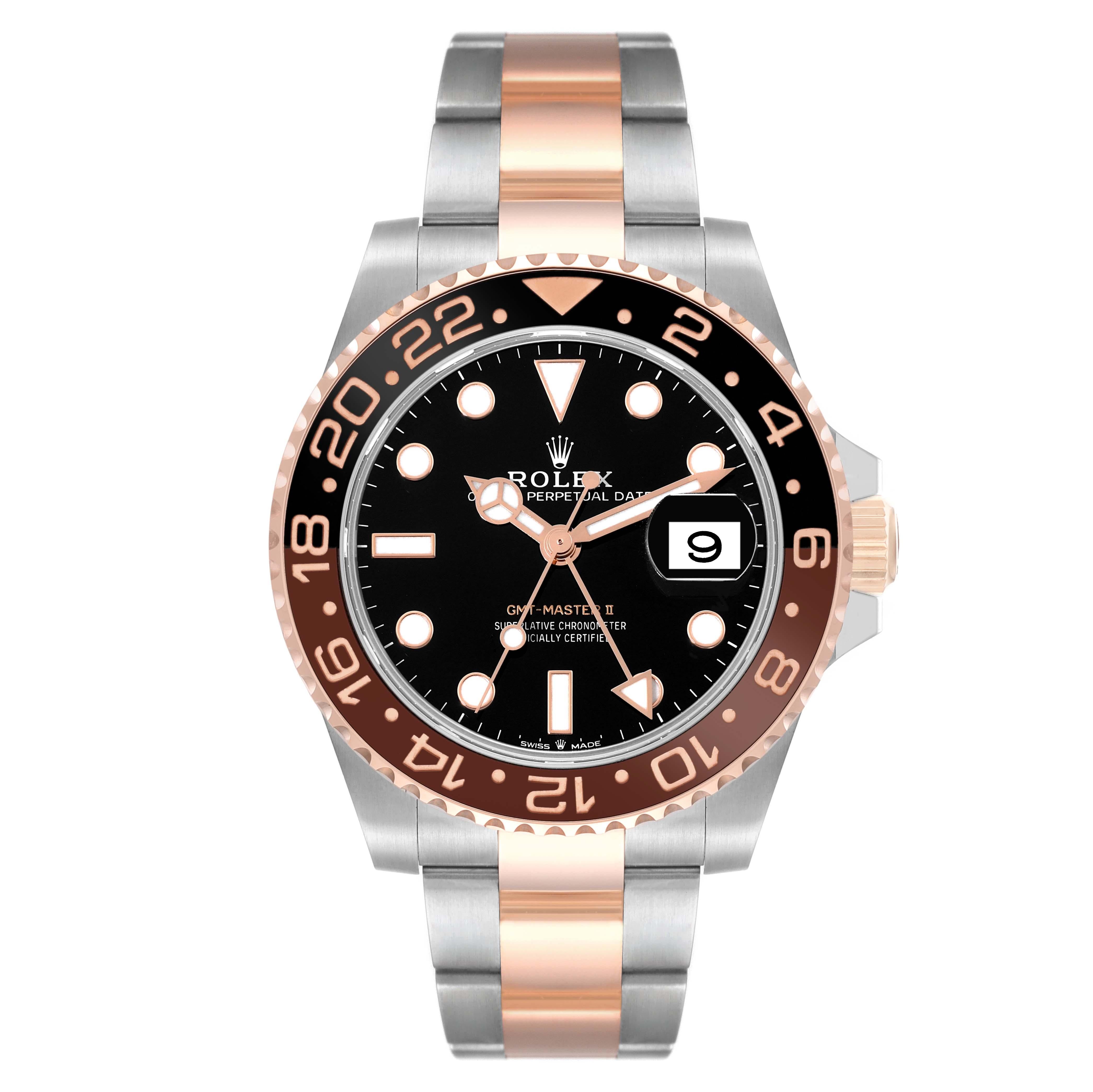 Rolex GMT Master II Steel Rose Gold Mens Watch 126711 Unworn. Officially certified chronometer automatic self-winding movement. Stainless steel and 18K rose gold case 40.0 mm in diameter. Rolex logo on a crown. 18K Everose gold bidirectional