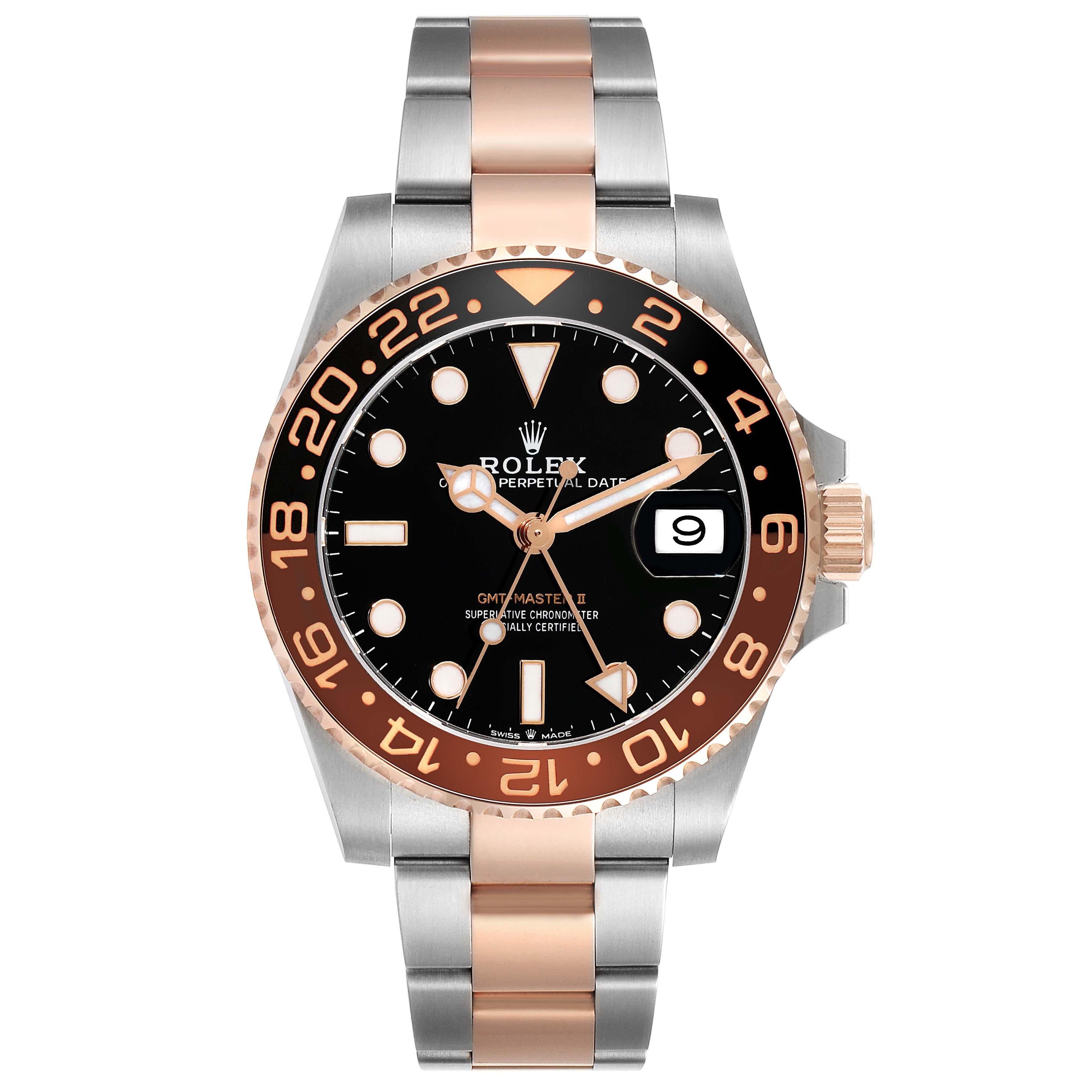 Rolex GMT Master II Steel Rose Gold Mens Watch 126711 Unworn. Officially certified chronometer automatic self-winding movement. Stainless steel and 18K Everose gold case 40.0 mm in diameter. Rolex logo on a crown. 18K Everose gold bidirectional