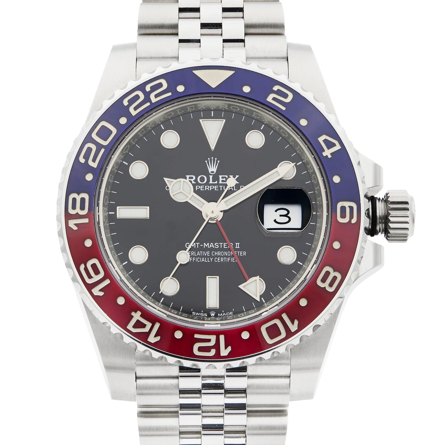 This display model Rolex GMT-Master II 126710BLRO is a beautiful men's timepiece that is powered by an automatic movement which is cased in a stainless steel case. It has a round shape face, date dial and has hand sticks & dots style markers. It is