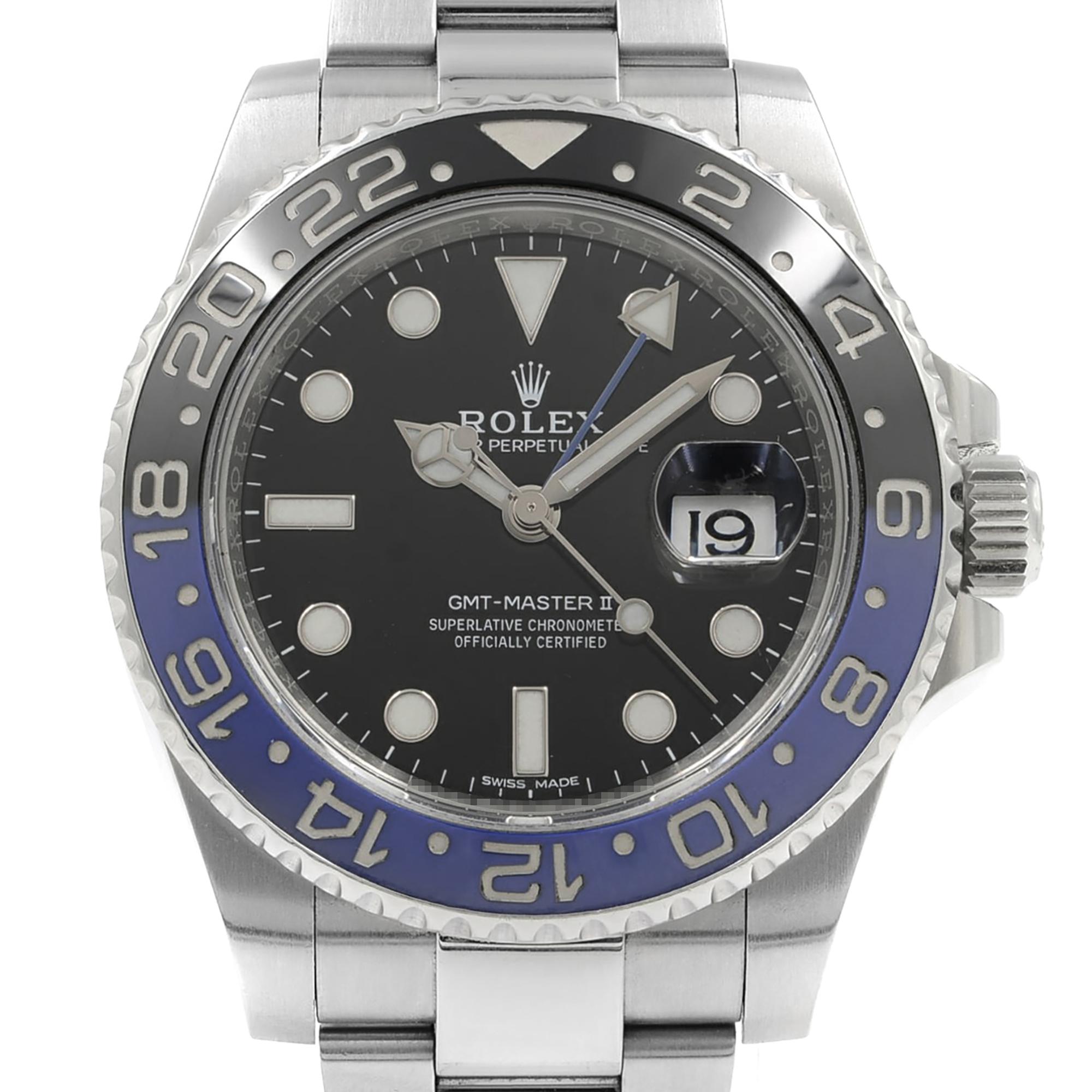 Pre Owned Rolex GMT-Master II Steels 'Batman' Black Dial Automatic Men's Watch 116710BLNR. This Beautiful Timepiece was Produced in 2015 & is Powered by Mechanical (Automatic) Movement And Features: Round Stainless Steel Case with Stainless Steel