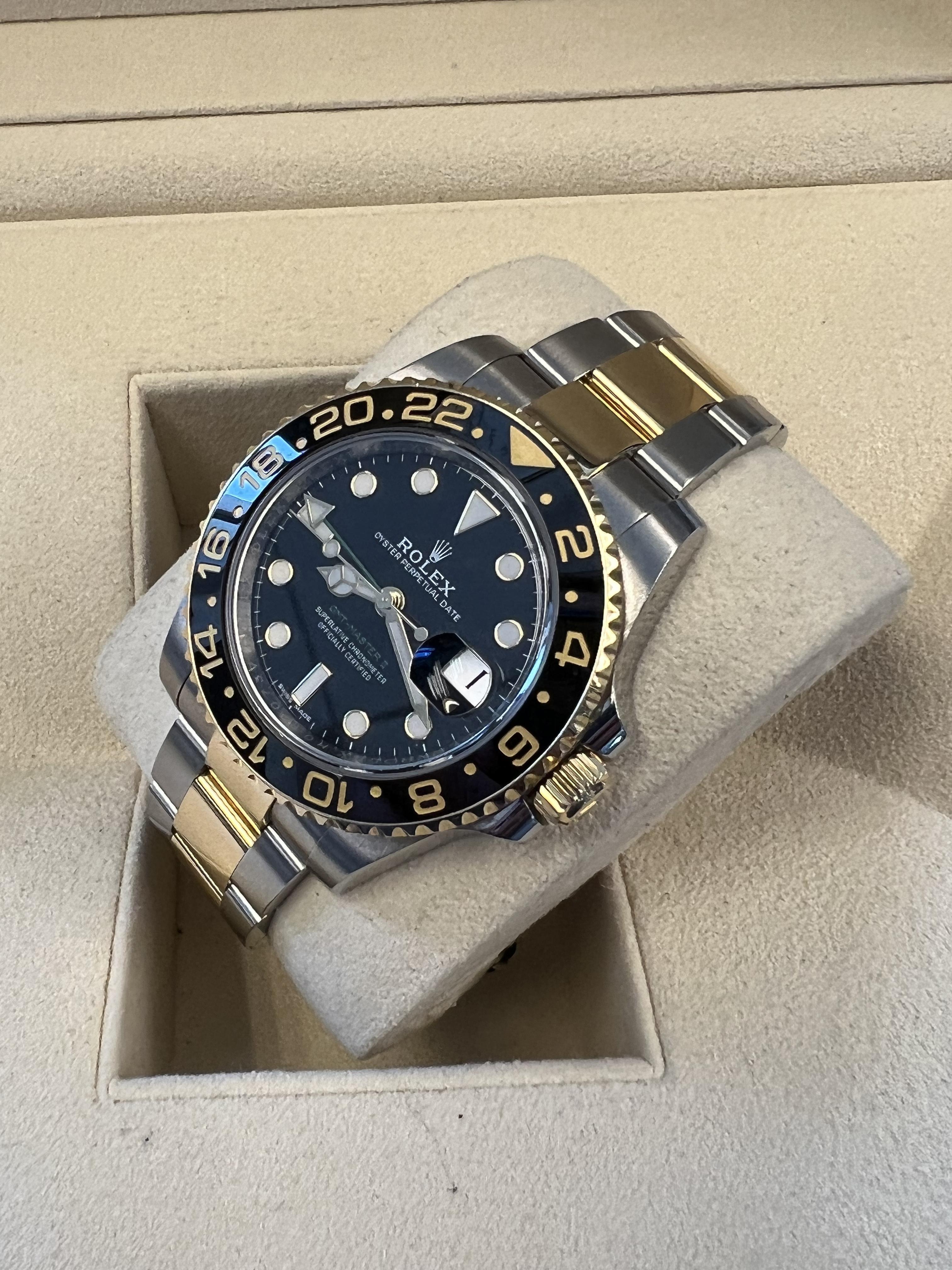 Contemporary Rolex GMT-Master II Two Tone Yellow Gold Black Dial For Sale