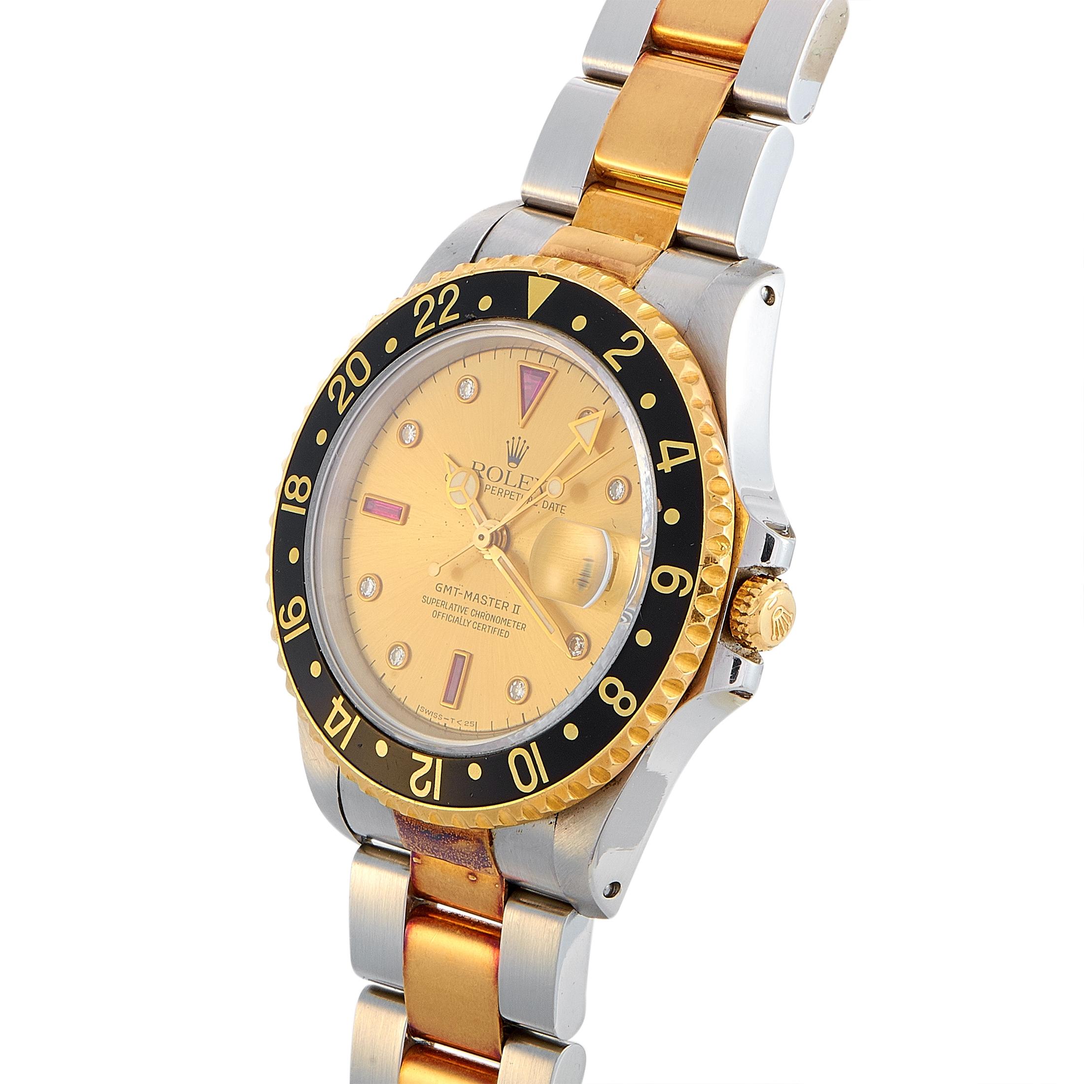The Rolex GMT-Master II watch, reference number 16713, is a member of the superb “GMT-Master II” collection.

This model boasts a 40 mm stainless steel case that is fitted with an 18K yellow gold bezel. The case is water-resistant to 100 meters and
