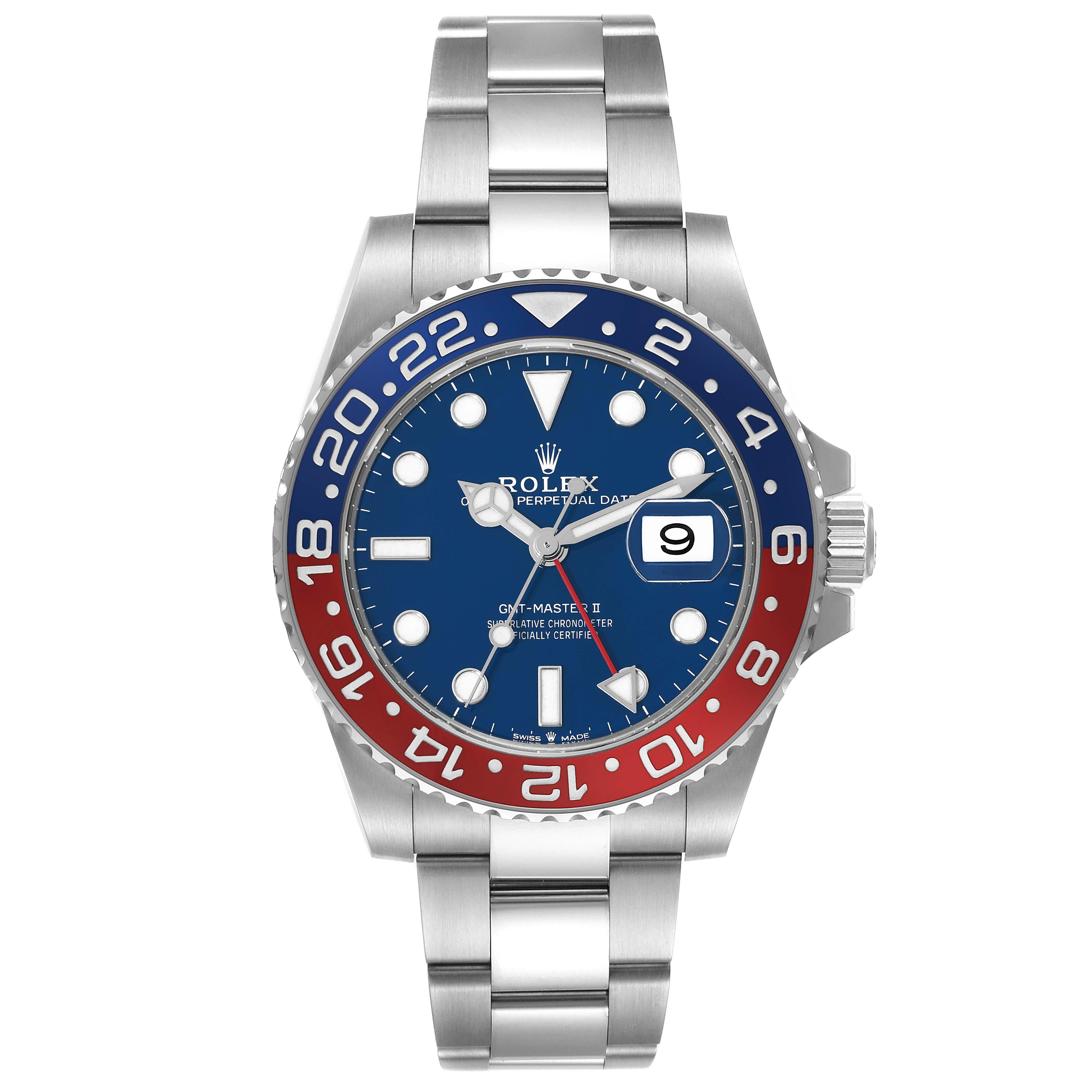 Rolex GMT Master II White Gold Pepsi Bezel Blue Dial Mens Watch 126719 Box Card. Officially certified chronometer automatic self-winding movement. 18k white gold case 40 mm in diameter. Rolex logo on a crown. 18k white gold bidirectional rotating