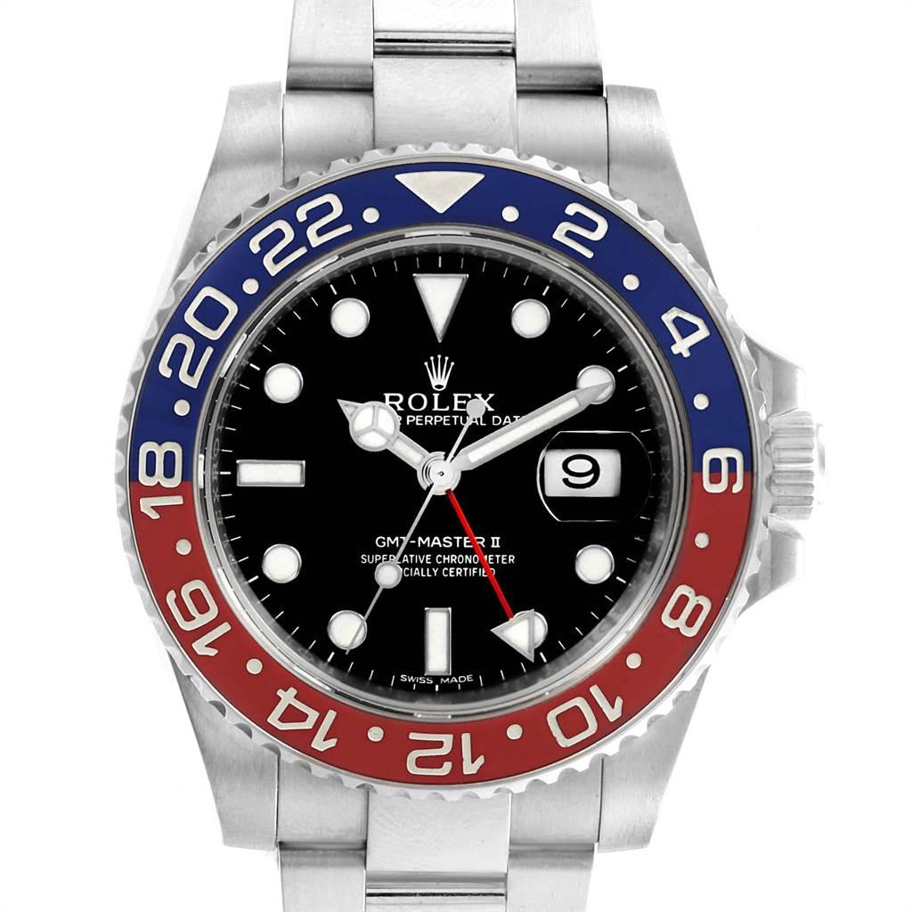 Rolex GMT Master II White Gold Pepsi Bezel Mens Watch 116719 Box Card. Officially certified chronometer self-winding movement. 18K white gold case 40.0 mm in diameter. Rolex logo on a crown. 18K white gold bidirectional rotating 24-hour graduated