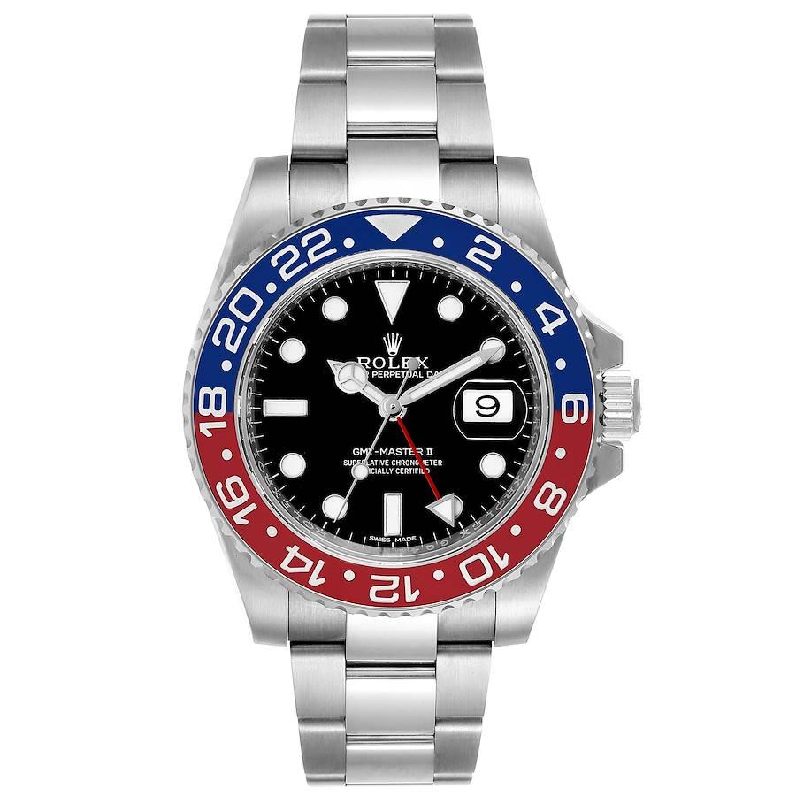 Rolex GMT Master II White Gold Pepsi Bezel Mens Watch 116719. Officially certified chronometer self-winding movement. 18K white gold case 40.0 mm in diameter. Rolex logo on a crown. 18K white gold bidirectional rotating 24-hour graduated blue and