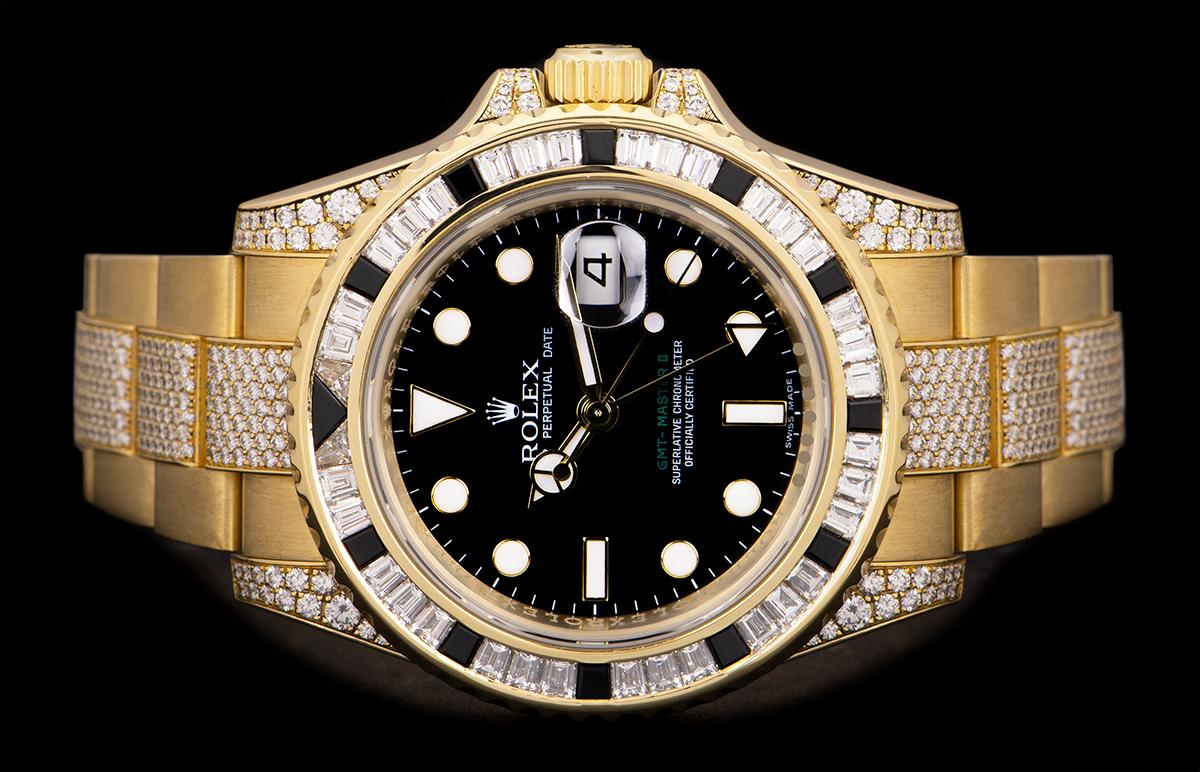 Men's Rolex GMT-Master II Yellow Gold Black Dial Sapphire & Diamond Set B&P 116758SANR