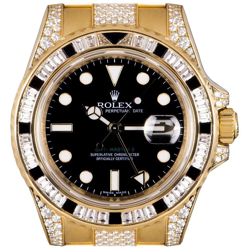 Rolex GMT-Master II Yellow Gold Black Dial Sapphire & Diamond Set B&P 116758SANR