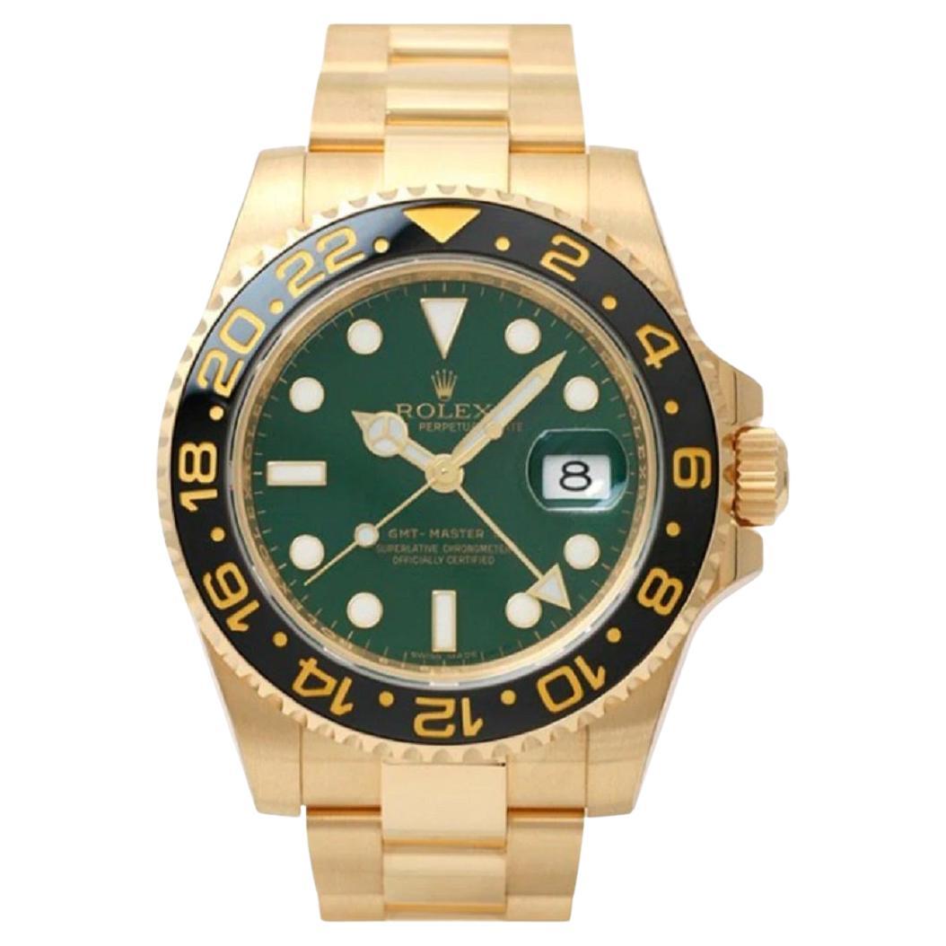 Rolex GMT-Master II Yellow Gold Green Dial & Black Ceramic Bezel Oyster Bracelet For Sale