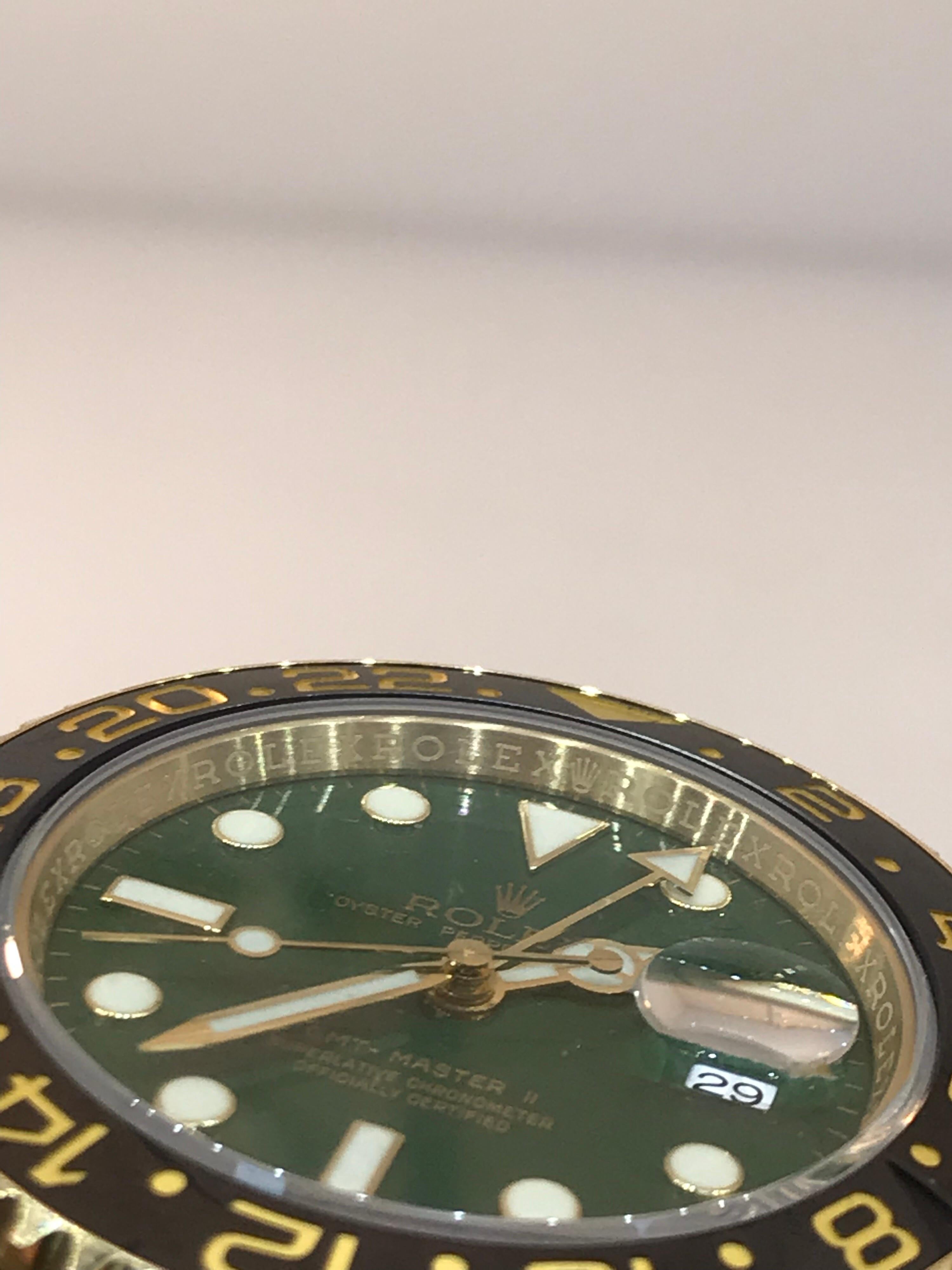Rolex GMT Master II Yellow Gold Green Dial Oyster Bracelet Men's Watch 116718GSO For Sale 6
