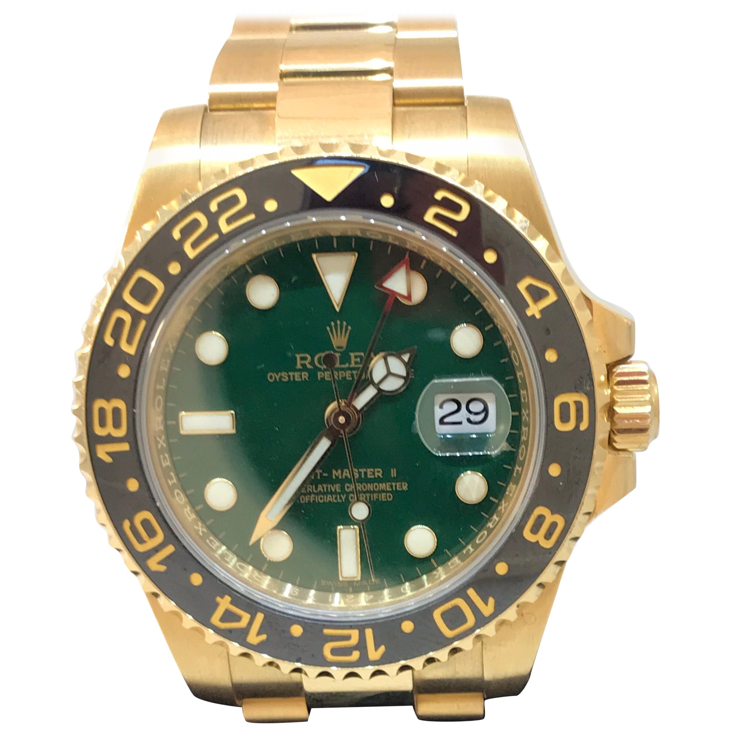 Rolex GMT Master II Yellow Gold Green Dial Oyster Bracelet Men's Watch 116718GSO For Sale