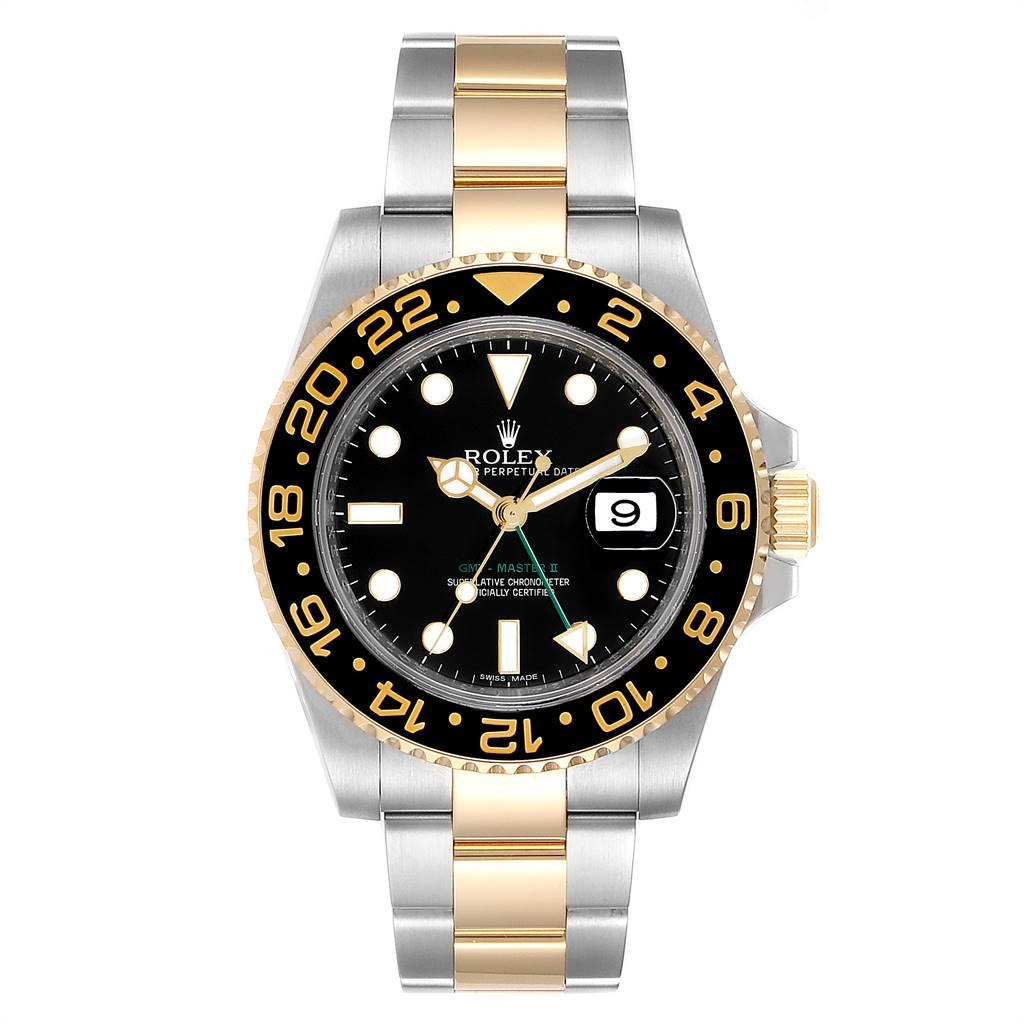 Rolex GMT Master II Yellow Gold Steel Automatic Mens Watch 116713. Officially certified chronometer self-winding movement. Stainless steel case 40 mm in diameter. Rolex logo on a crown. 18k yellow gold bidirectional rotating bezel with a special