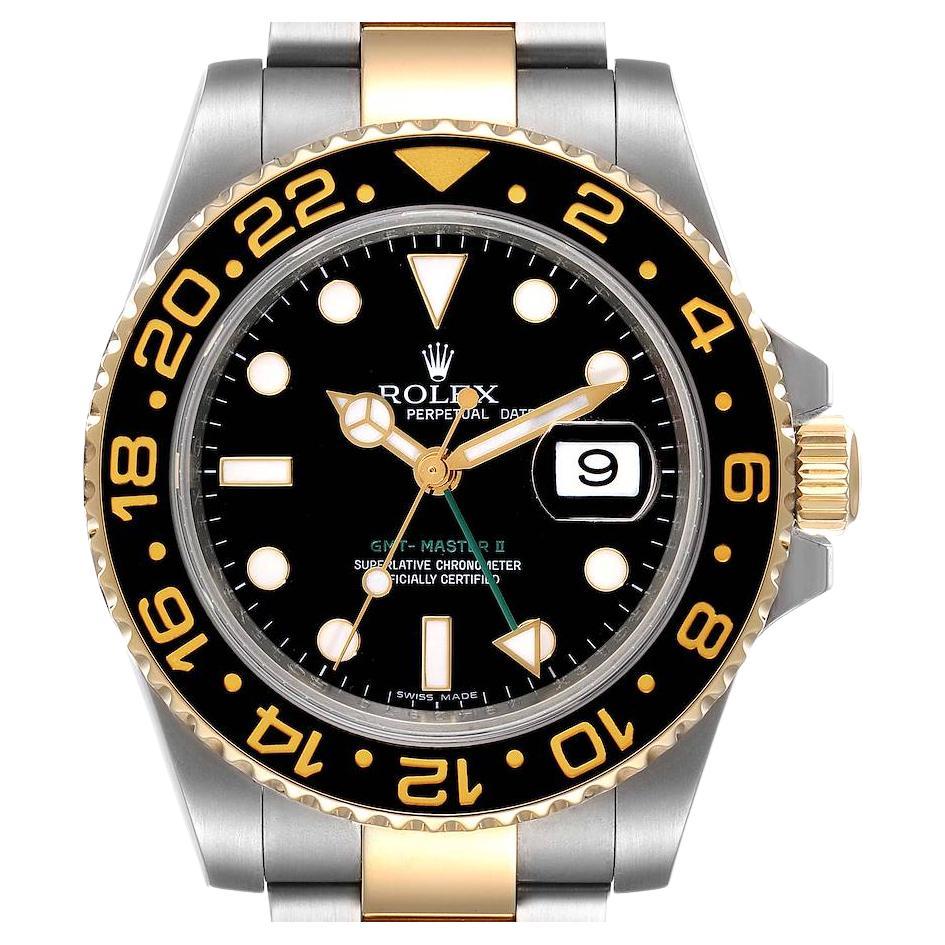 Rolex GMT Master II Yellow Gold Steel Black Dial Mens Watch 116713 Box Card