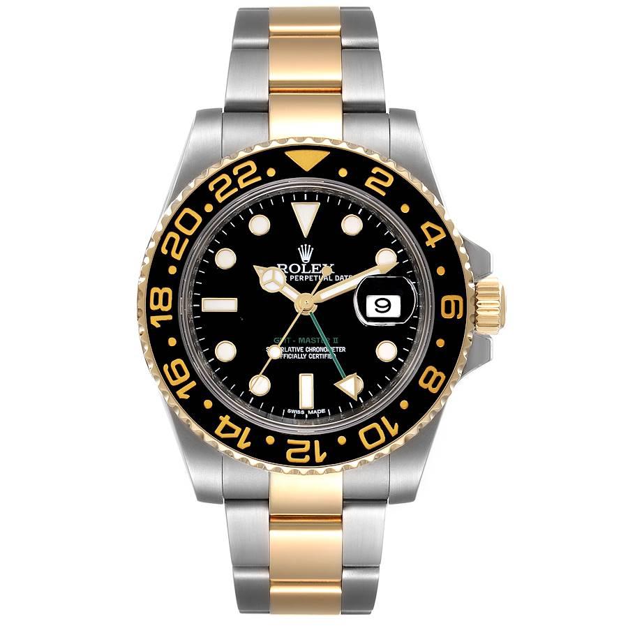 Rolex GMT Master II Yellow Gold Steel Black Dial Mens Watch 116713. Officially certified chronometer self-winding movement. Stainless steel case 40 mm in diameter. Rolex logo on a crown. 18k yellow gold bidirectional rotating bezel with a special