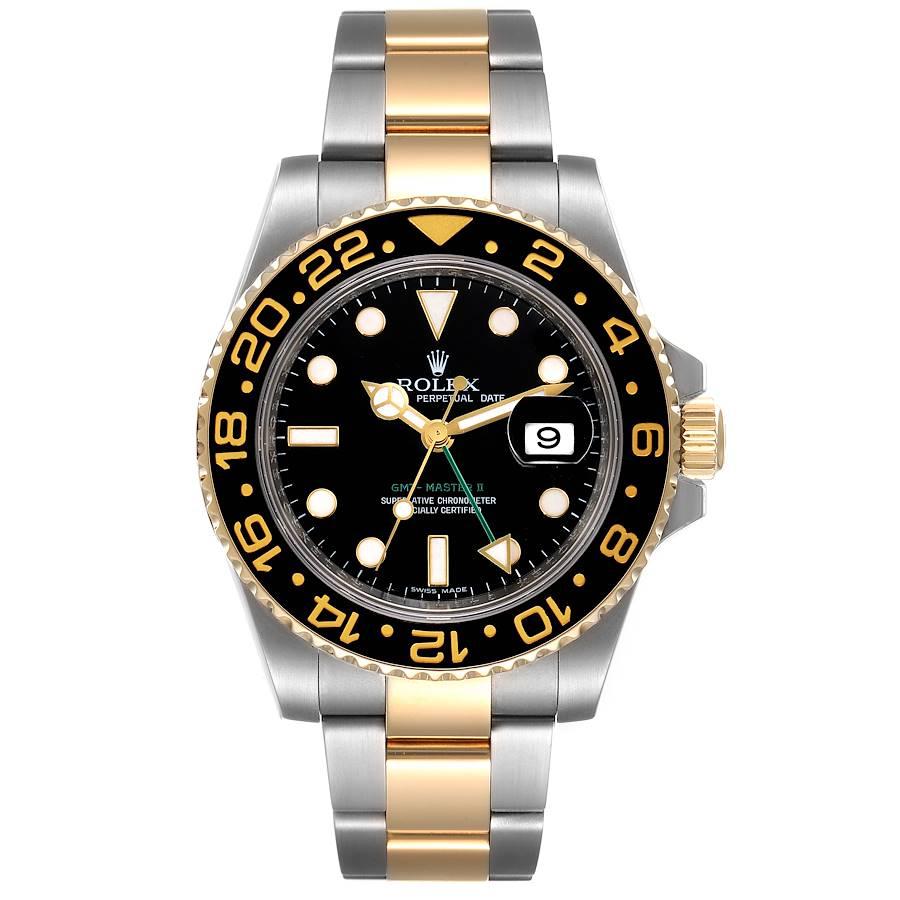 Rolex GMT Master II Yellow Gold Steel Black Dial Mens Watch 116713. Officially certified chronometer self-winding movement. Stainless steel case 40 mm in diameter. Rolex logo on a crown. 18k yellow gold bidirectional rotating bezel with a special