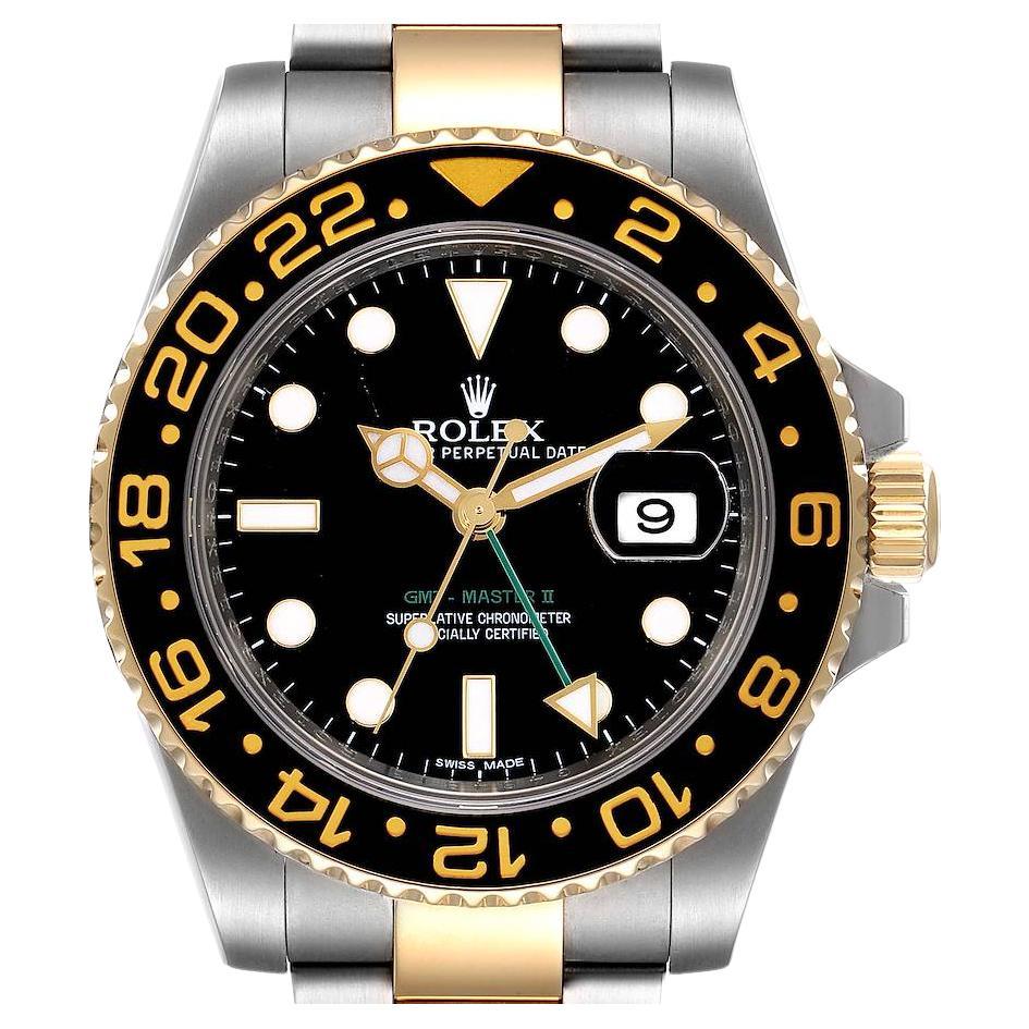 Rolex GMT Master II Yellow Gold Steel Black Dial Mens Watch 116713 For Sale