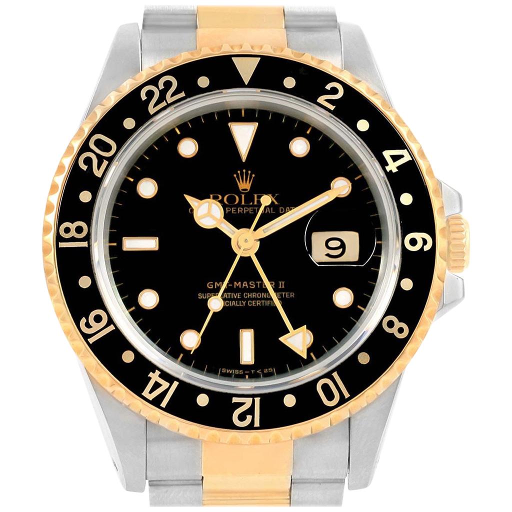Rolex GMT Master II Yellow Gold Steel Black Dial Men's Watch 16713 For ...