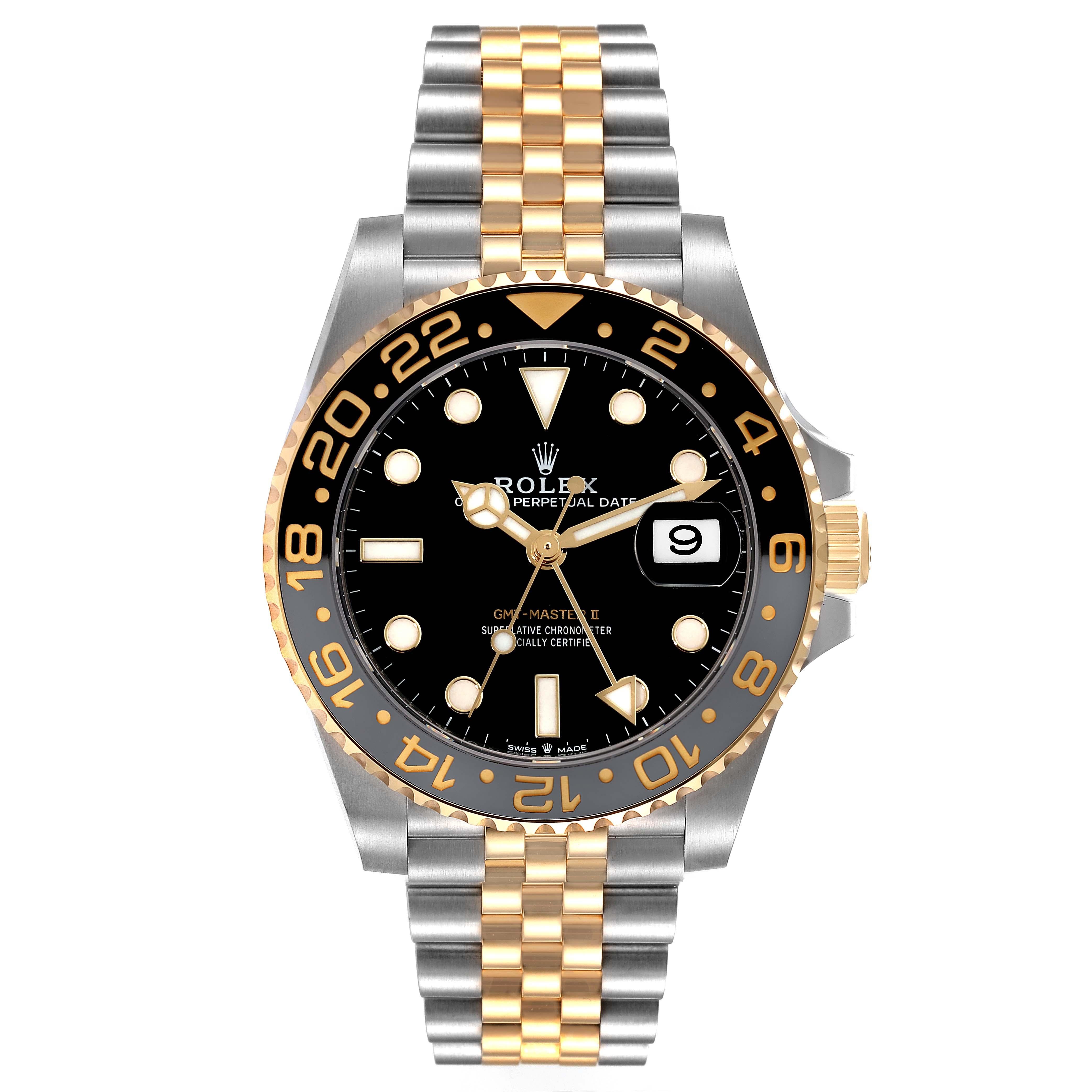Rolex GMT Master II Yellow Gold Steel Black Grey Bezel Mens Watch 126713. Officially certified chronometer self-winding movement with GMT function. Stainless steel case 40 mm in diameter. Rolex logo on yellow gold crown. 18k yellow gold