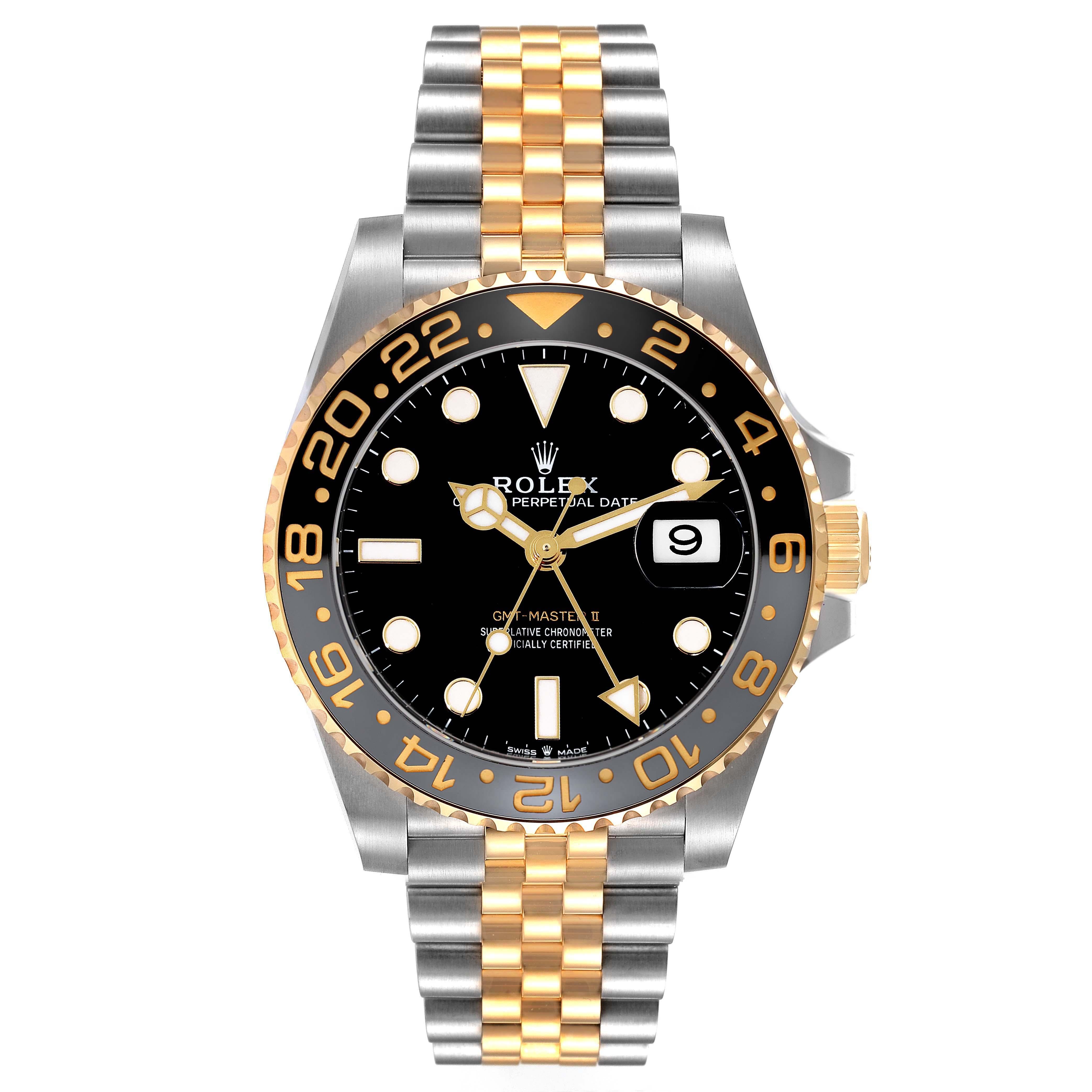 Men's Rolex GMT Master II Yellow Gold Steel Grey Bezel Mens Watch 126713 Box Card For Sale
