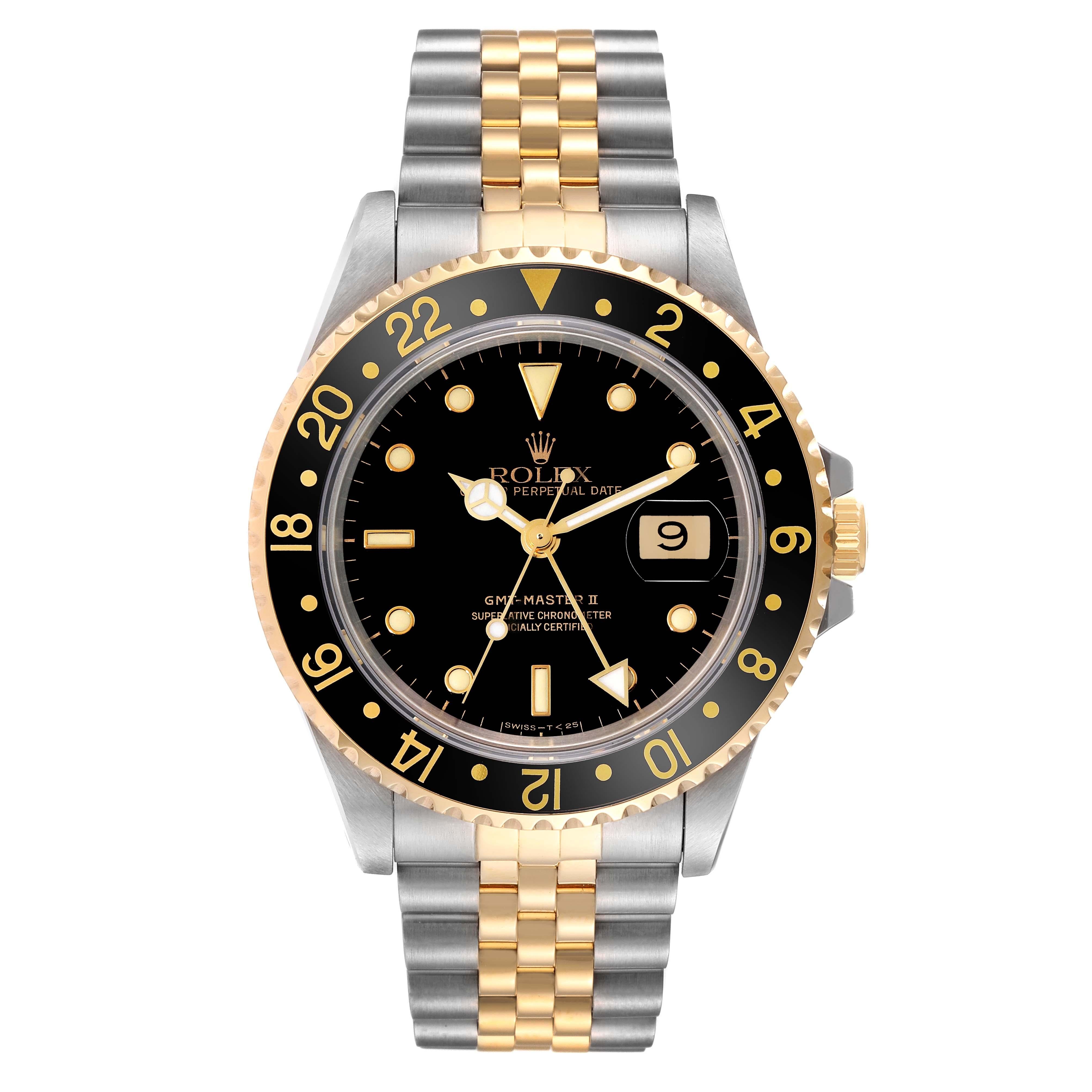 Rolex GMT Master II Yellow Gold Steel Jubilee Bracelet Mens Watch 16713. Officially certified chronometer automatic self-winding movement. Stainless steel case 40 mm in diameter. Rolex logo on a crown. 18k yellow gold bidirectional rotating bezel