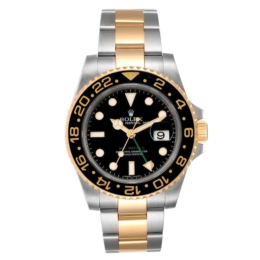 Rolex GMT Master II Yellow Gold Steel Mens Watch 116713 Box Card. Officially certified chronometer self-winding movement. Stainless steel case 40 mm in diameter. Rolex logo on a crown. 18k yellow gold bidirectional rotating bezel with a special